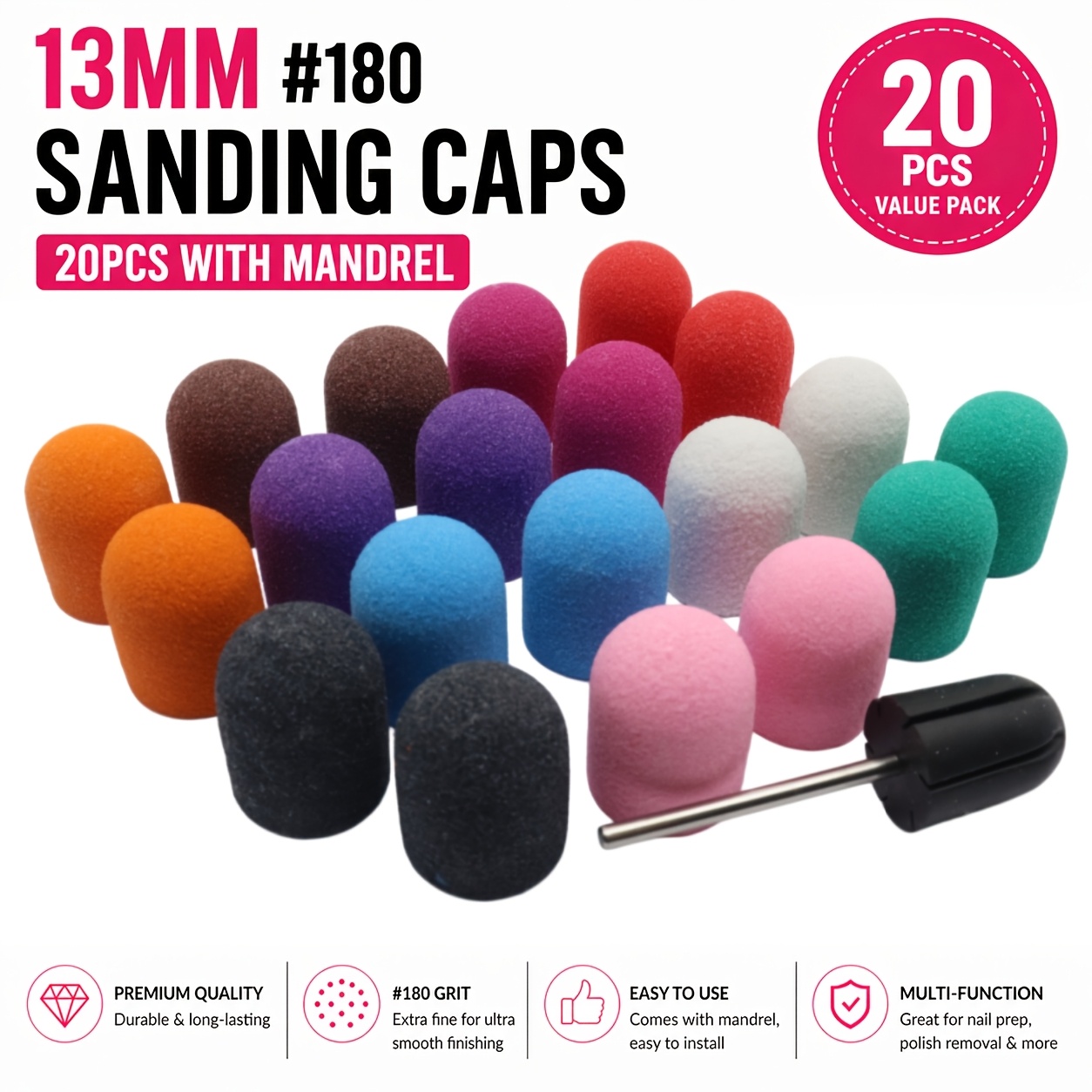 TEMU 20 pezzi 13 mm abrasivi per unghie colorati misti con - Bande abrasive qualit� grana 80/120/180, punte per trapano professionali per manicure