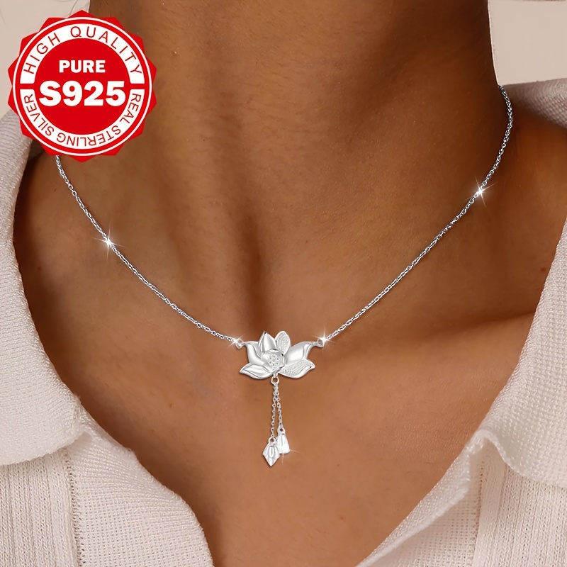 Image of A Lotus Tassel Necklace Made Of S925 Sterling Silver, Exuding And Charm, Is For . It Serves As An Ideal Accessory For Everyday Wear And Pairs Beautifully With Dresses, While Being Hypoallergenic