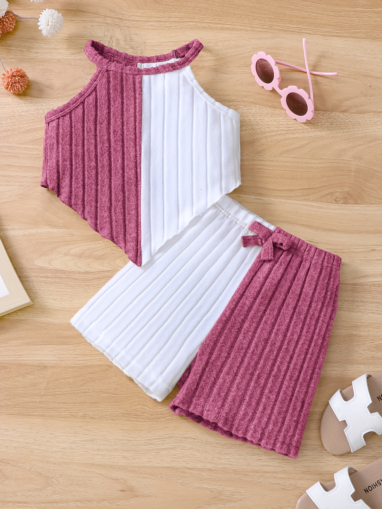 Girls 2pcs Summer Outfit Set, Knitted Polyester & Elastane, Solid Color Halter Neck Top with Bow Detail & Matching Shorts, Casual Fit for Playtime & Outings, for Outdoor
