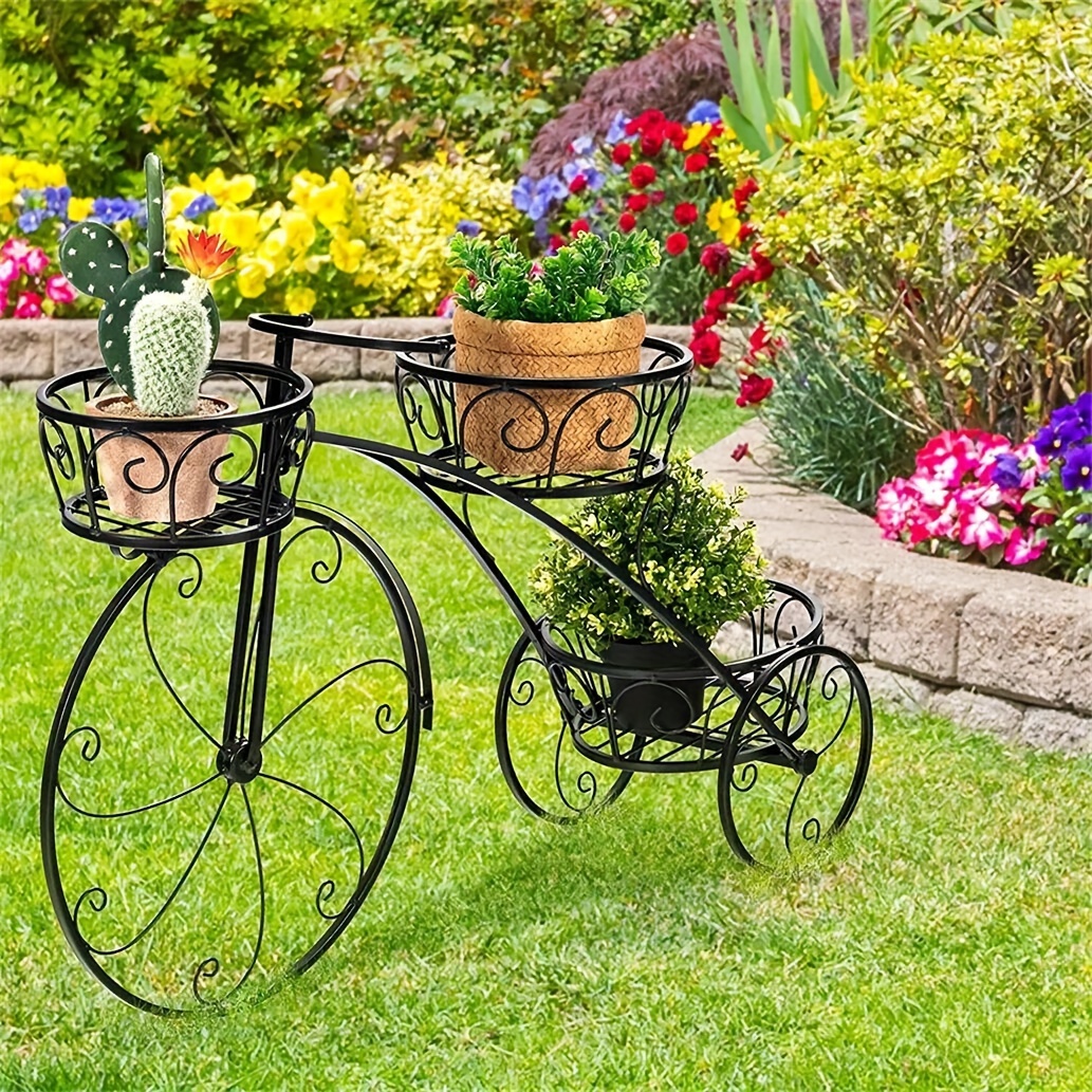 

Metal Bicycle Planter 3 Tier Tricycle Flower Plant Stand Parisian Style Flower Display Stand Cart For Home Decor Patio Garden Indoor Outdoor