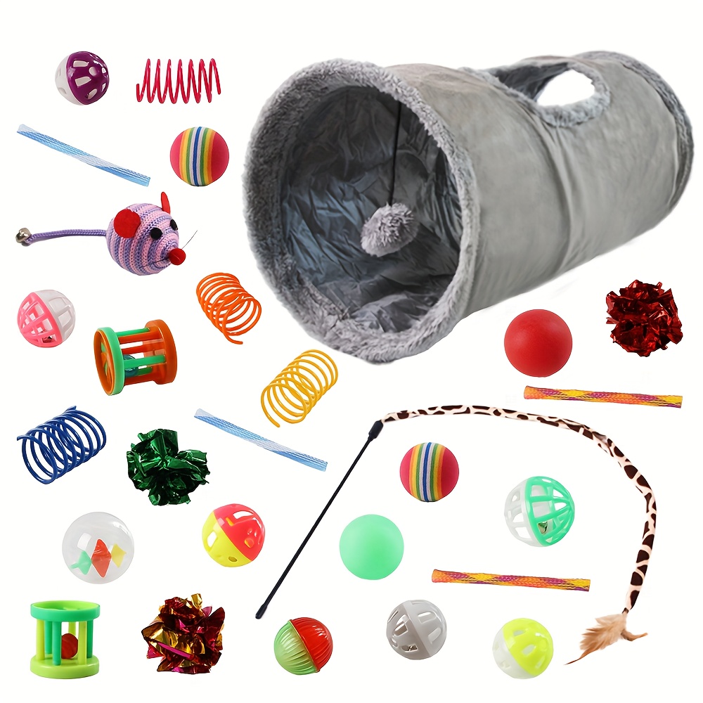Image of Cat Toy Tunnel 28cps Cat Toy Set, Including Foldable Cat Tunnel, Plastic Bell Balls, Teaser Wand, Suitable For Cats' Daily Indoor Play [random Colors For Some Additions]