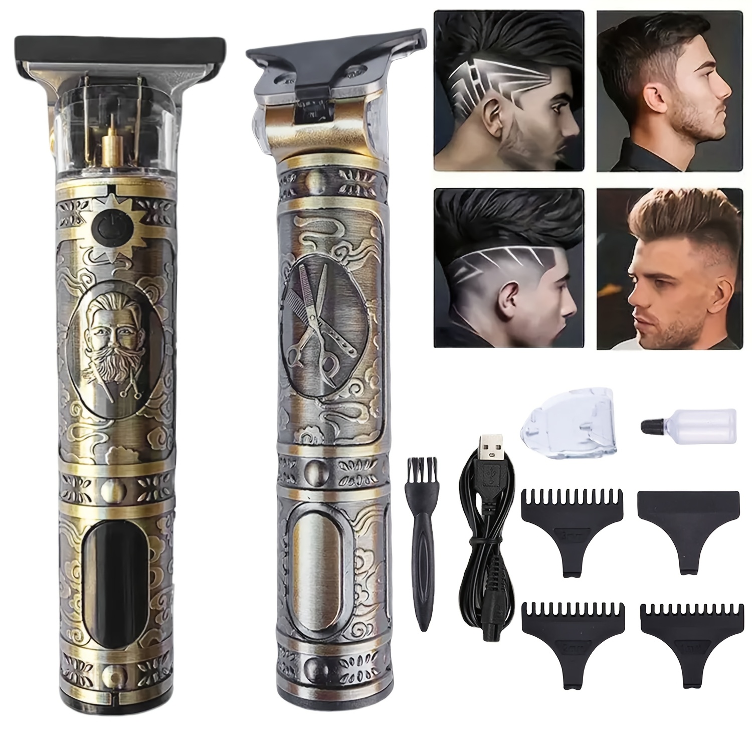 

Professional Wireless Men's Hair Clipper Set - Usb Fast Charging, Retro T-shaped Blade Trimmer, Suitable For Home And Salon Use