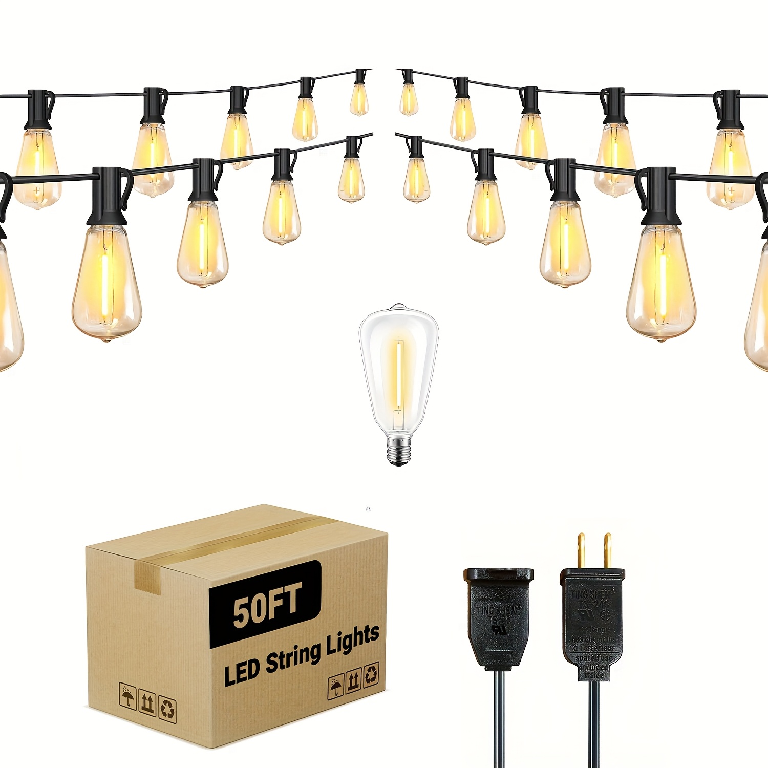 TEMU [50ft/100ft/120ft] Led Outdoor String Lights With Edison Shatterproof Bulbs, Ip44, 2700k Commercial Grade Patio Lights, Dimmable Outside Hanging