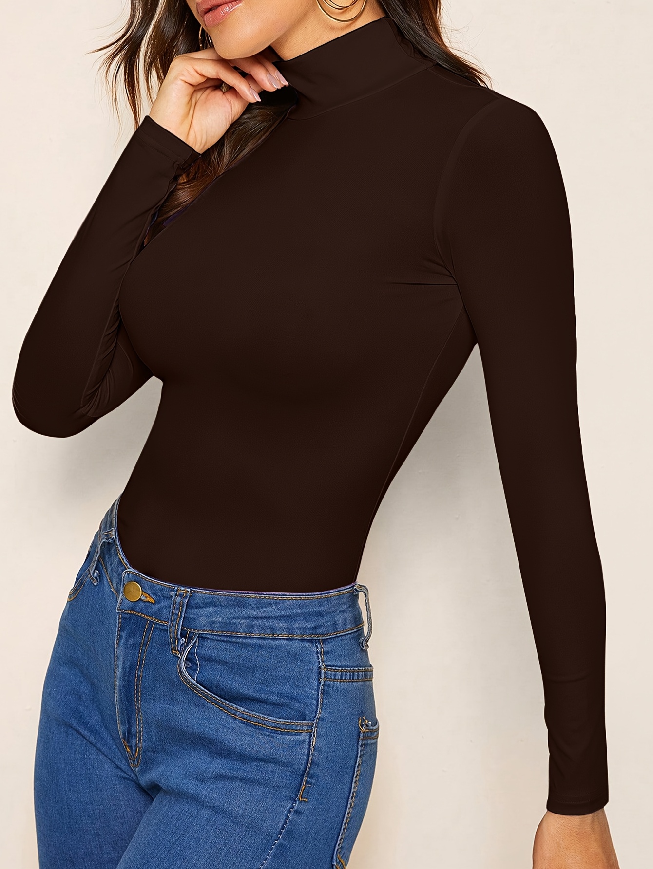 Solid Color Mock Neck T-Shirt, Versatile Long Sleeve T-Shirt For Spring & Fall, Women's Clothing