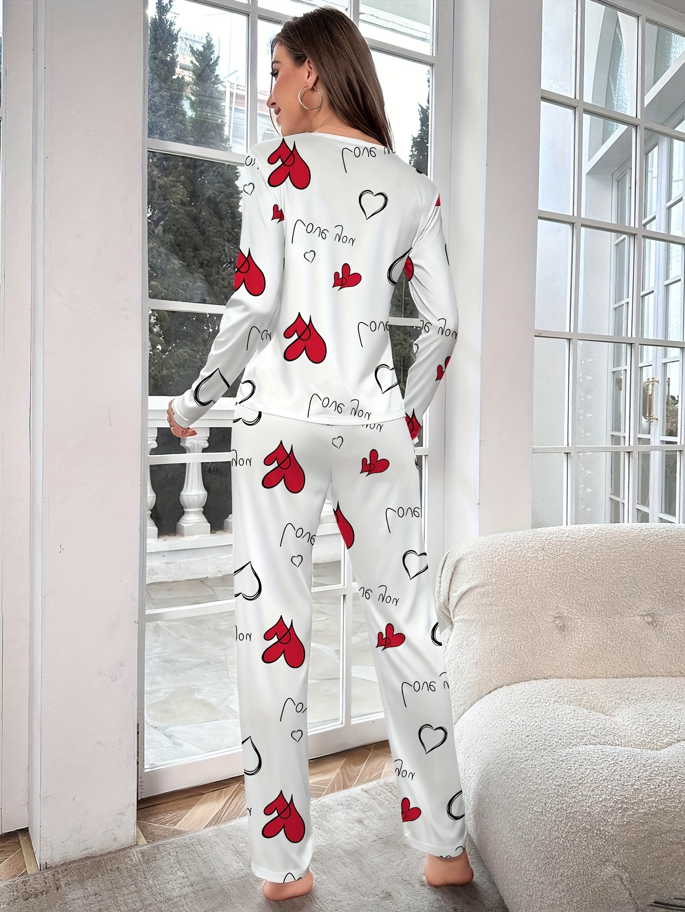 womens long sleeve pants pajama set red heart english full - Temu