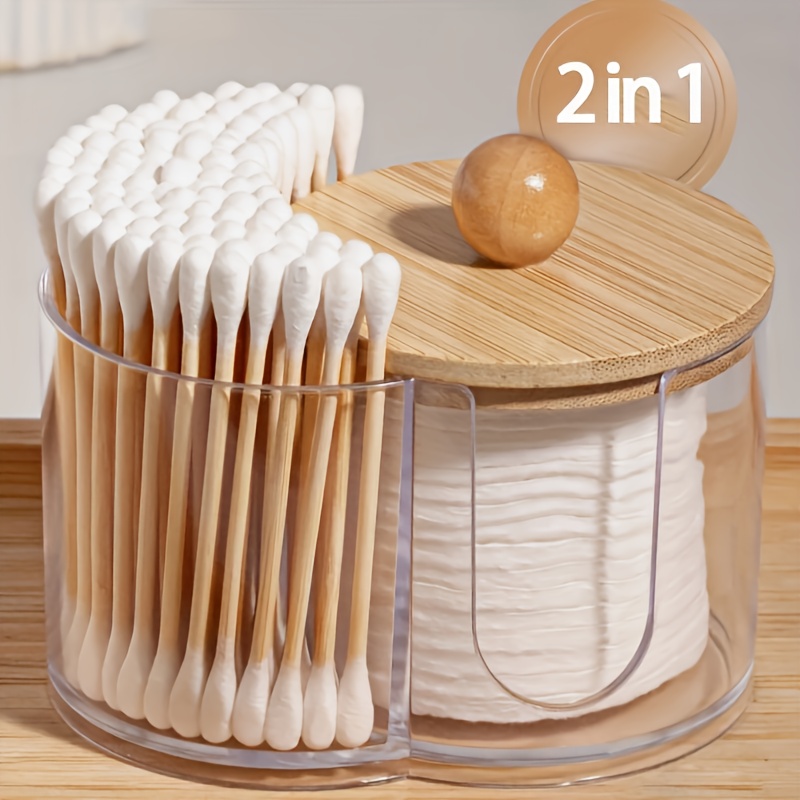 2-in-1 Transparent Cotton Swab And Makeup Pad Storage Box With Wooden Lid - Dual Compartment Bathroom Organizer, Space- Vanity Organizer, With Natural Wood, Practical Design