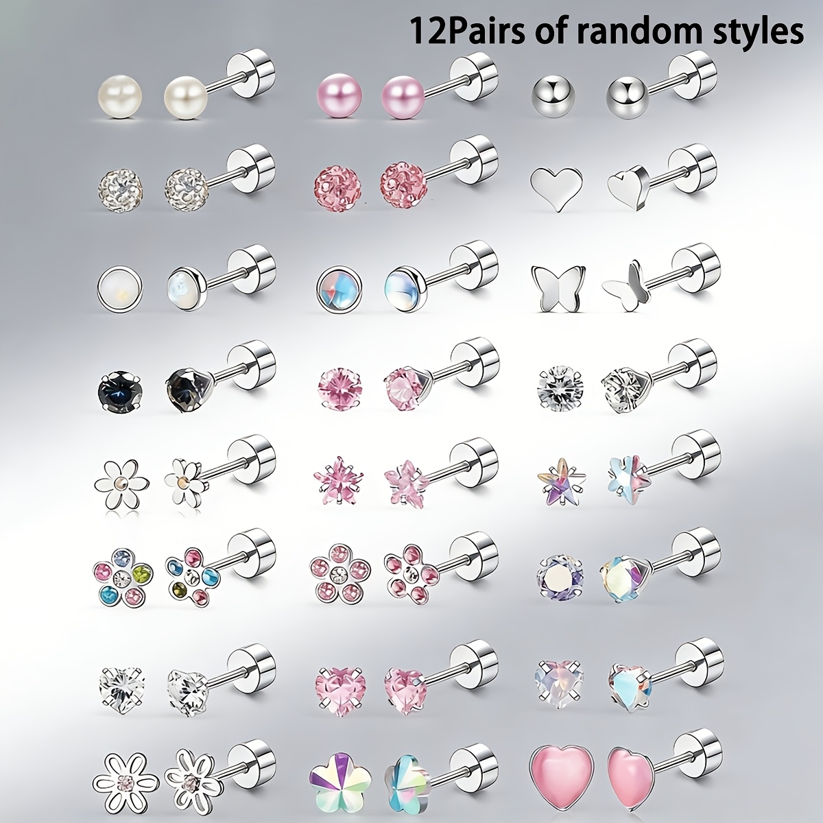 TEMU 12 /juego (estilos aleatorios) de aretes de aro con incrustaciones de circonita cúbica sintética de // de acero inoxidable 316L, adecuados para