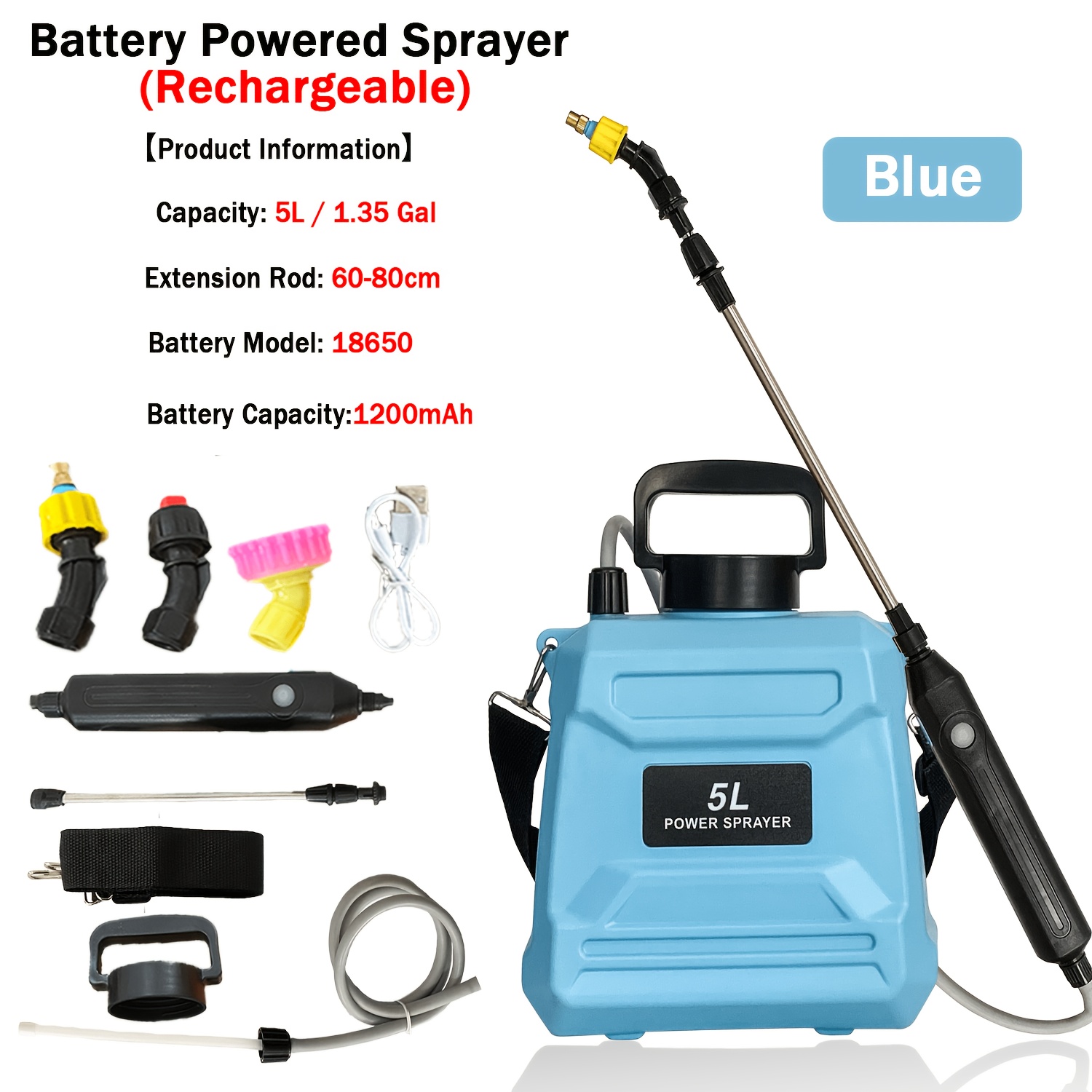 TEMU 1.35 Gal/5l Battery Sprayer (green, Blue, White). Built-in 1200ma Lithium Battery And Usb Charging Handle. Features 25.9-inch Extension Pole, 3
