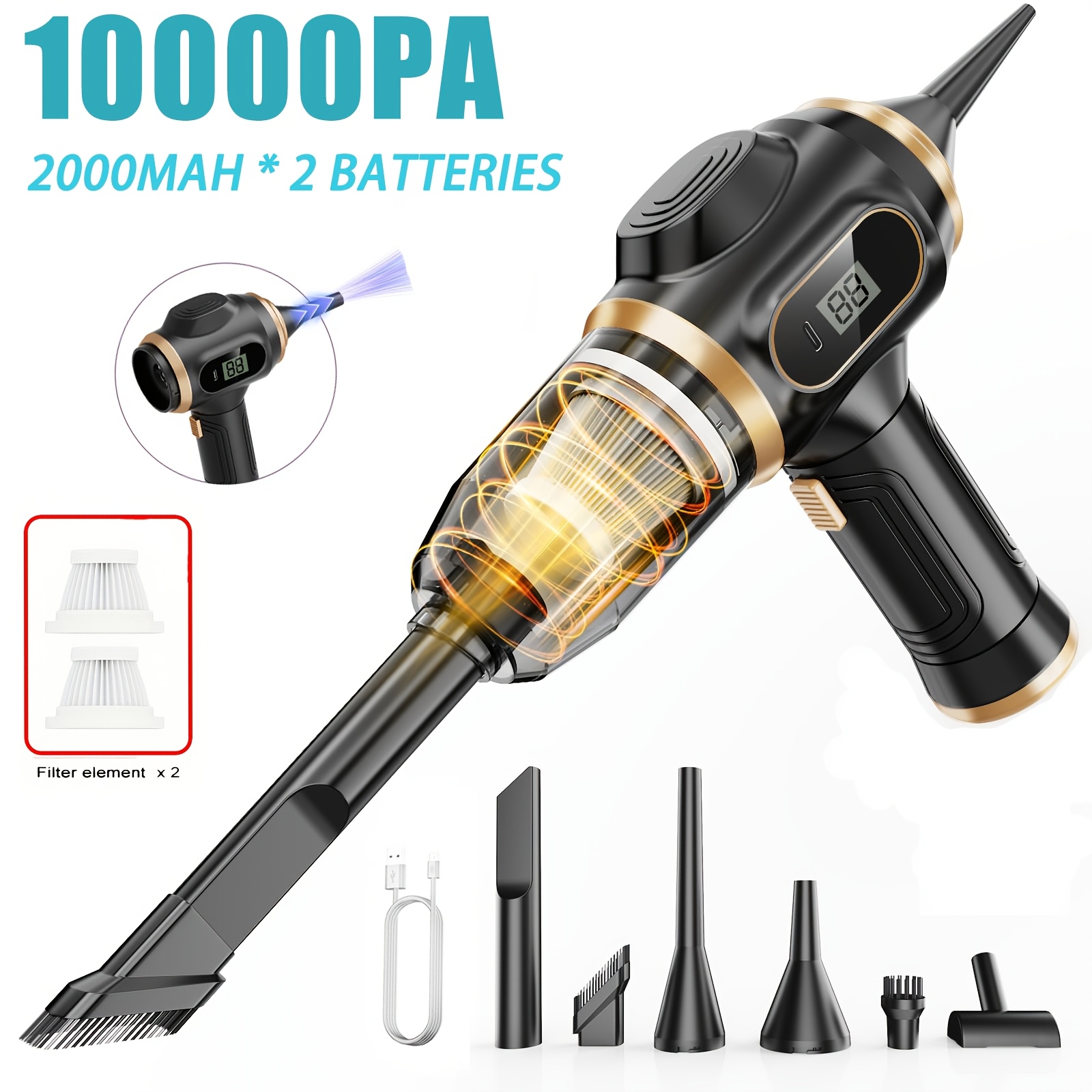 E-shop 2-in-1 Akku-Staubsauger für Auto mit hoher Leistung, Gebläse und Saugfunktion in einem, 2000mAh Dual-Akku, USB-Aufladung, Mehrere funktionelle