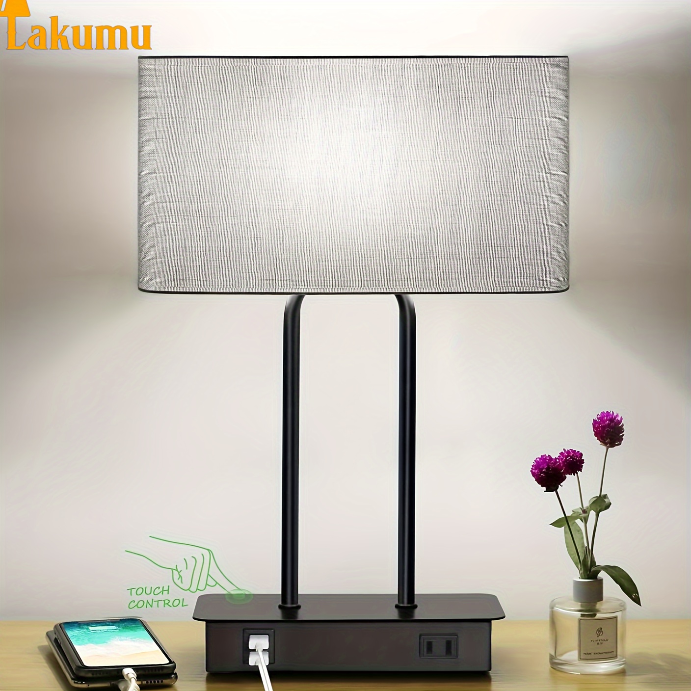 

Lakumu Bedside Table Lamp With Dual Usb Charging 1 Ac Outlet, 3 Way Dimmable Modern Nightstand Lamp With Grey Fabric Shade, Desk Lamp For Bedroom Living Room Office With 5000k Led Bulb