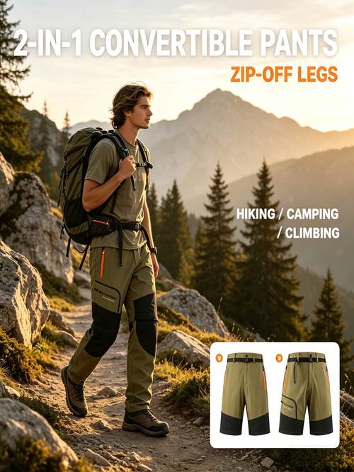 photo de l'article pantalon 2-en-1 convertible à jambes amovibles par fermeture éclair, pour randonnée, camping et , avec ceinture à taille réglable, poches de sécurité à fermeture éclair, tissu , se en short