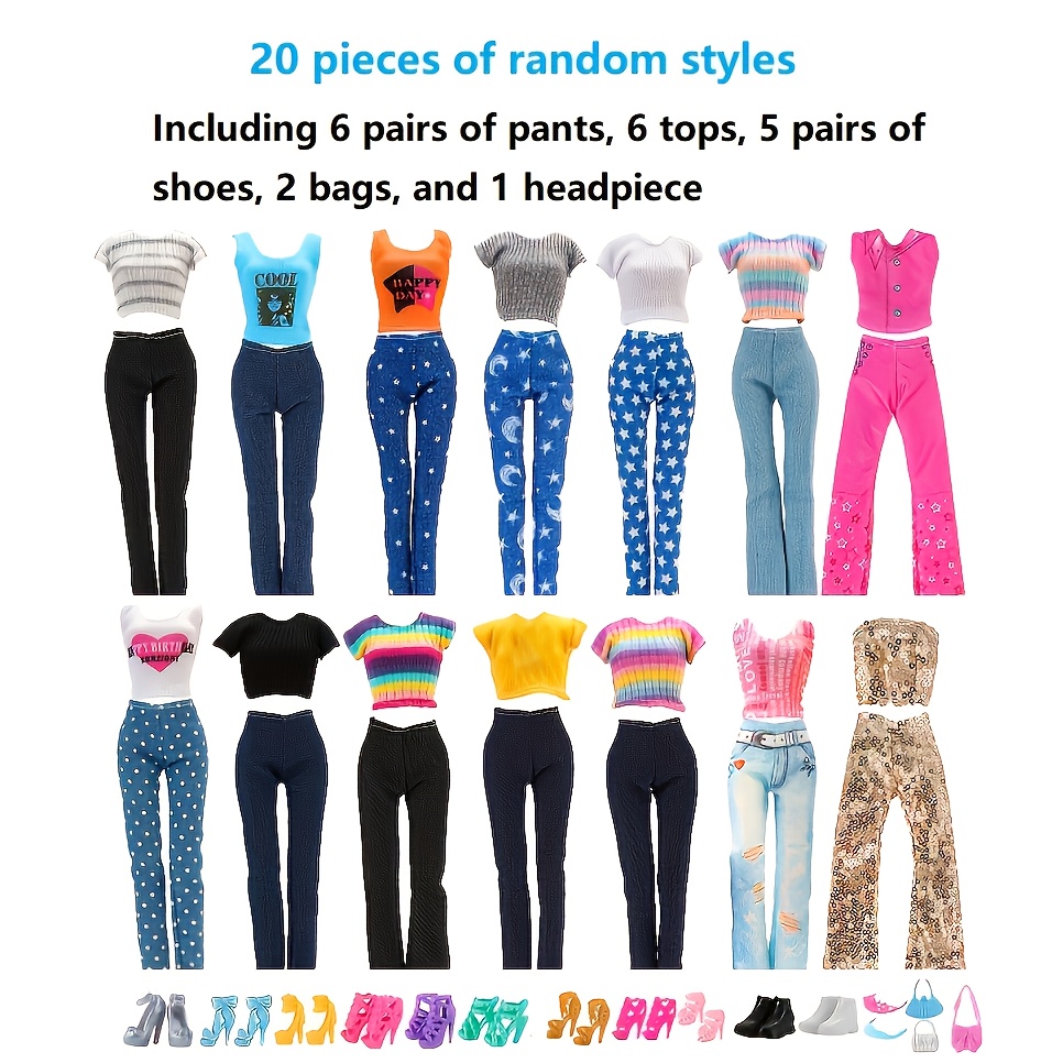 Image of 20pcs 30cm/11.82in Female Doll Clothing, Designed With 6 Pants, 6 Tops, 5 Pairs Of Shoes, 2 Bags, And 1 Headwear. Gift, Christmas, Birthday Gift, Dolls Not Included