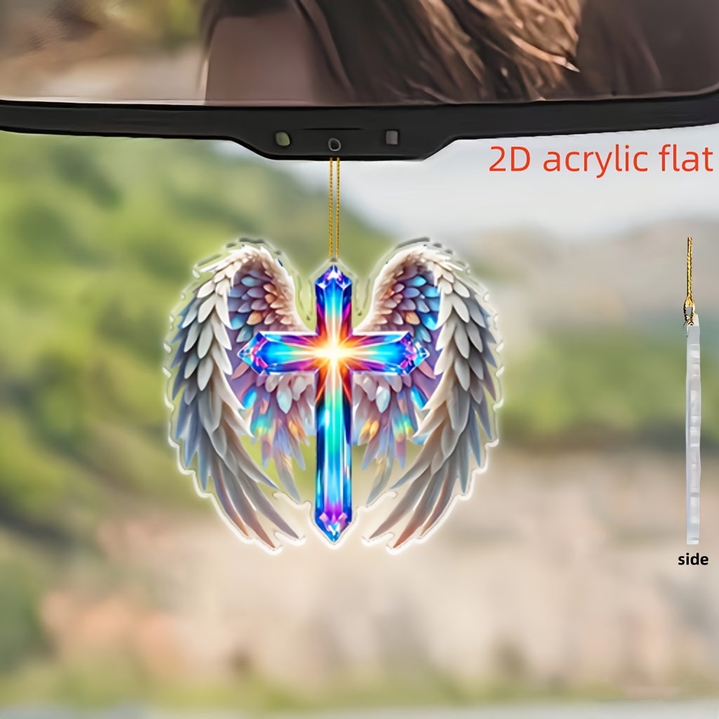 2D Flat, Angel Wings and Cross Car Hanging Ornament