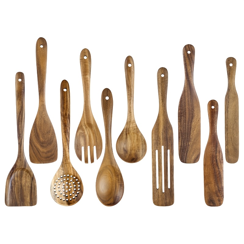Image of 10pcs Acacia Wood Kitchenware Set | Includes Rice Spoon, Household Salad Fork, Large And Small Colanders, Dense Shovel, Long And Shovels