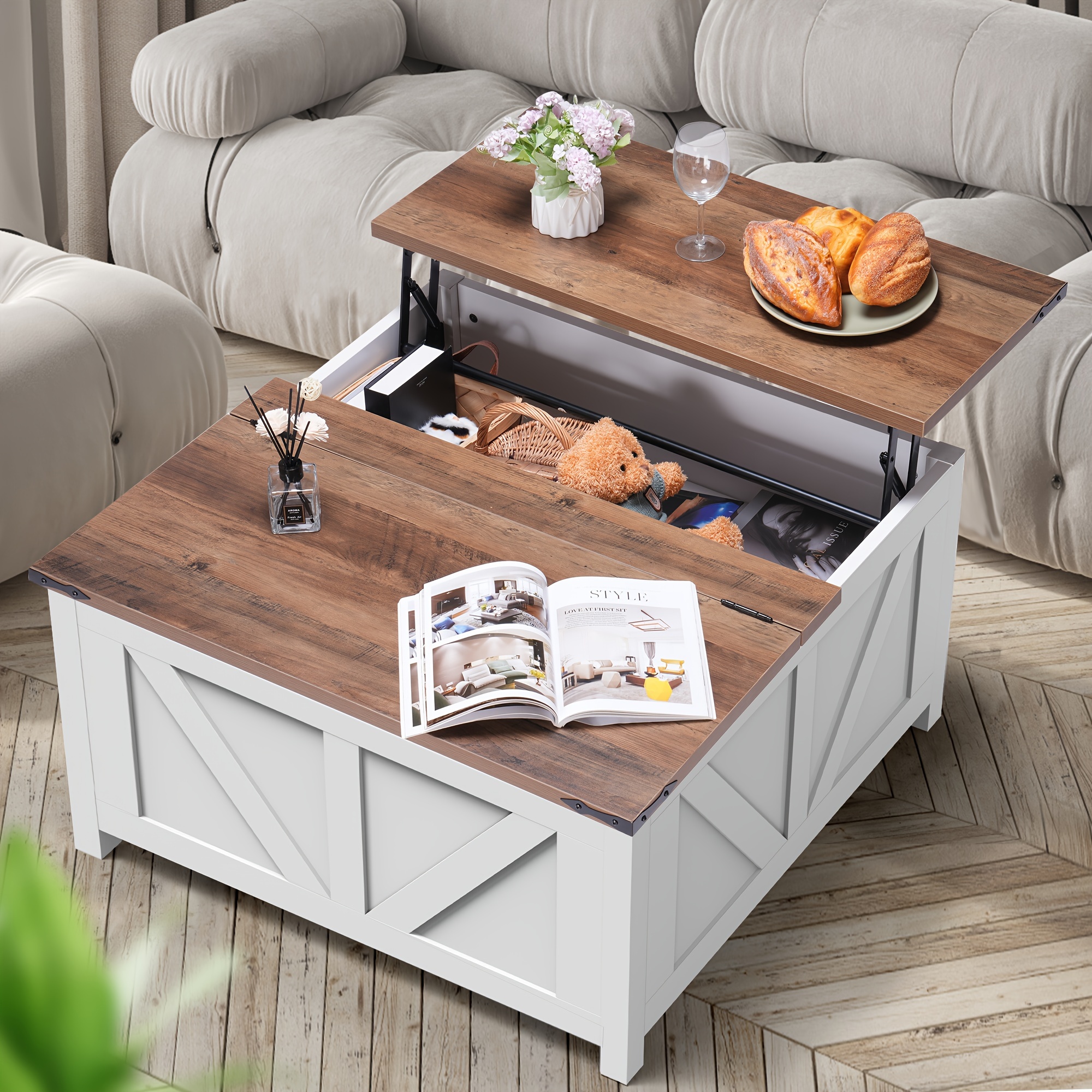 

Lift Coffee Table With Large Concealed Storage Space, Coffee Table That Converts Into A Dining Table, Farmhouse Style Wood, Suitable For Living Rooms And Home Offices, In White And Brown.