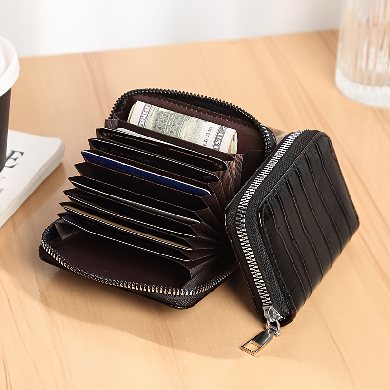 TEMU Crocodile Pattern Pu Accordion Card Holder, Unisex Zipper Pouch. Glossy Pu Grain, Wear-resistant & Scratch-proof. Smooth Zipper, Compact &