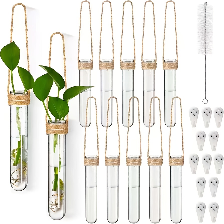 12pcs hanging plastic plant propagation tubes with macrame rope transparent wall mounted vases for indoor outdoor home office garden decor perfect gift for plant lovers plant hanger