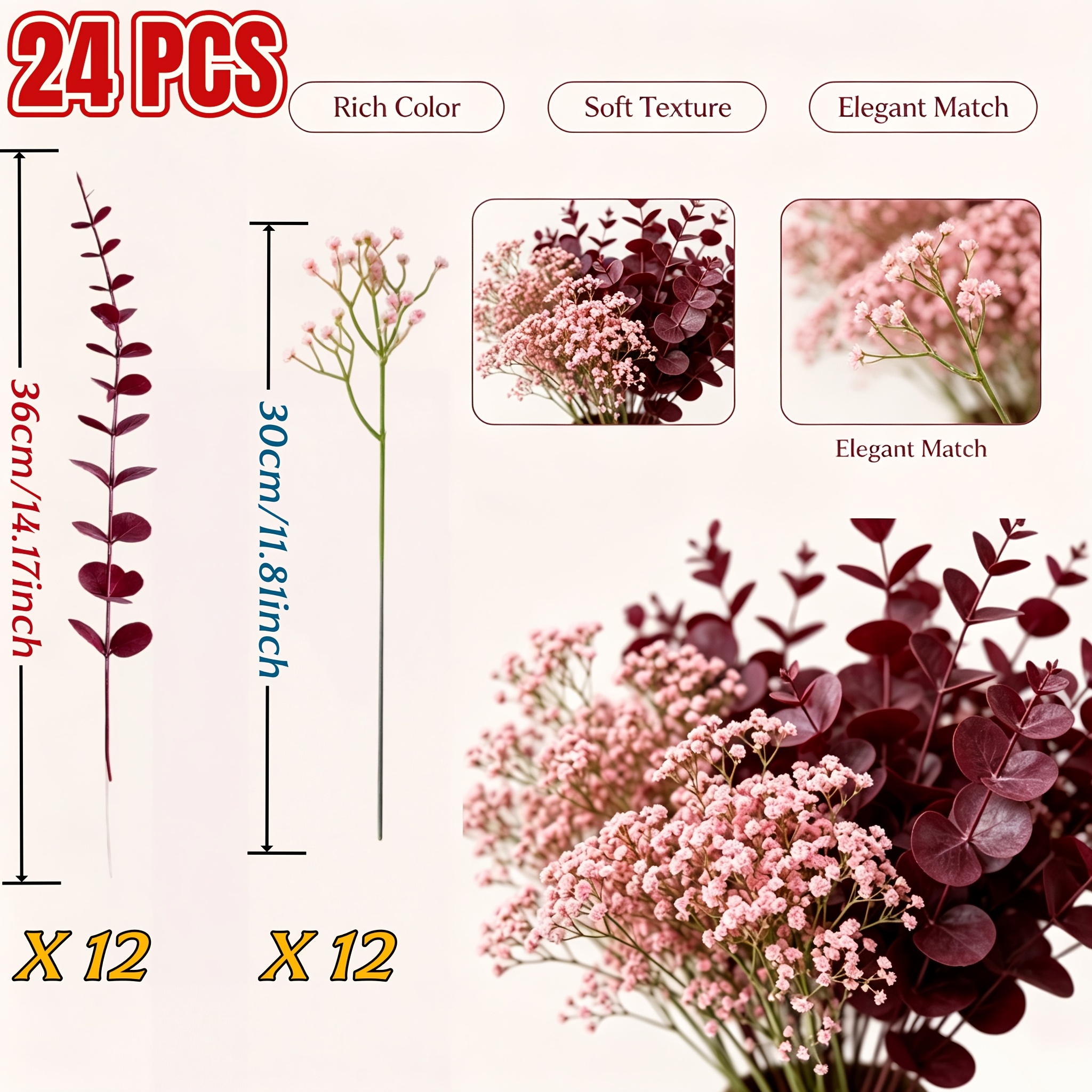 TEMU 24pcs Artificial Decorative Flower Set, Including 12 Dark Red Eucalyptus Stems And 12 Pink Gypsophila Artificial Flower Stems. Suitable For Vase