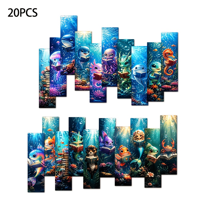 TEMU 20pcs Deep Sea Fantasy Creatures, Coral/jellyfish/ Patterns, Underwater Style 1.6in*5.9in Printed Paper Bookmarks, Reading Markers, Book