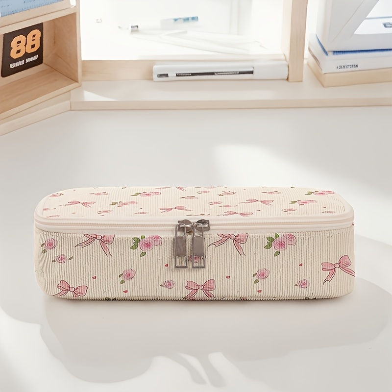 TEMU Rose Bow Pattern Printed Pencil Case, Portable Zipper Storage Box, Durable And Multifunctional Storage, Suitable For School Office And Study