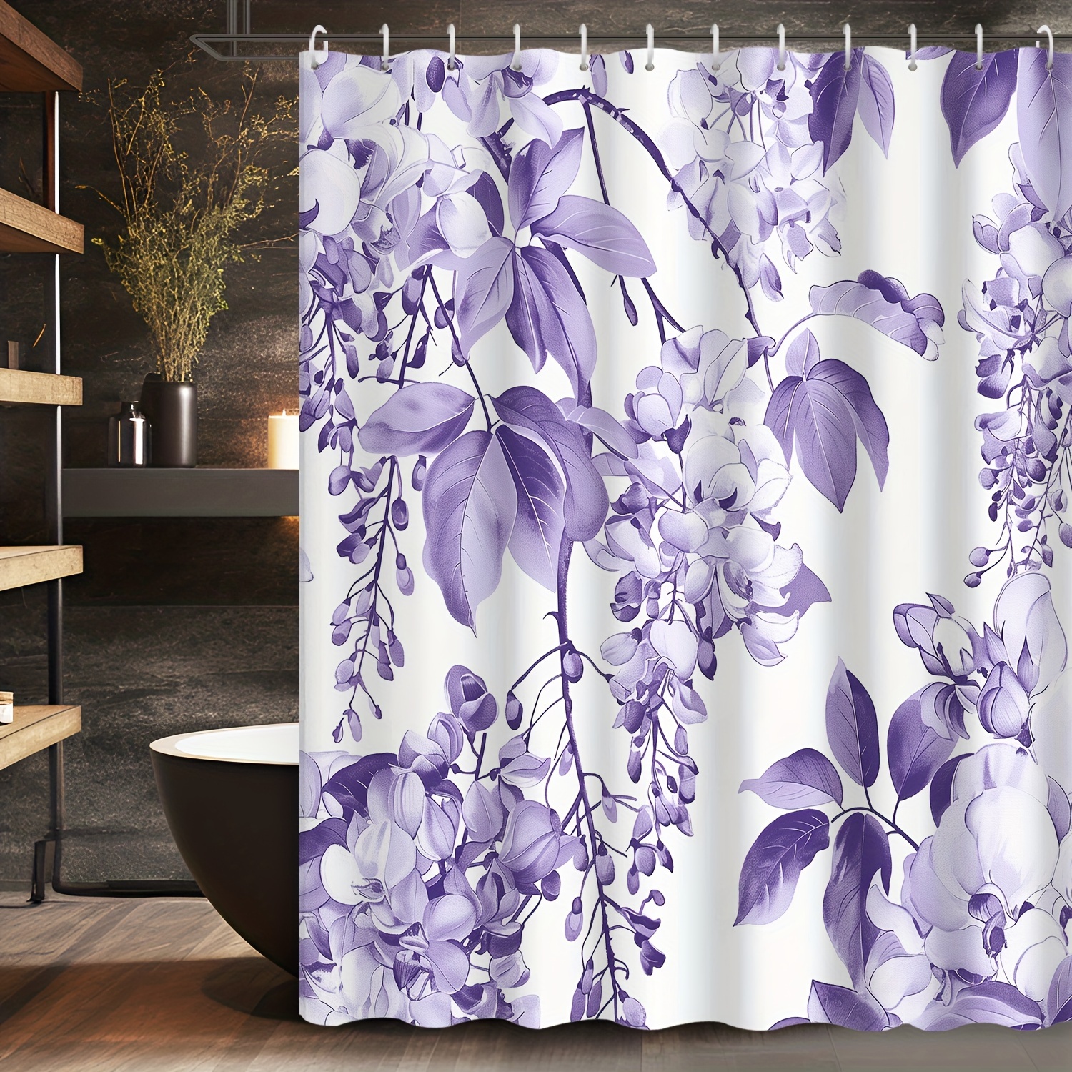 

1pc Elegant Purple Floral Pattern, Waterproof With 12 Hooks, Bath Curtain, Bathroom Partition, Room Decoration, Machine Wash Window Bathroom Decoration