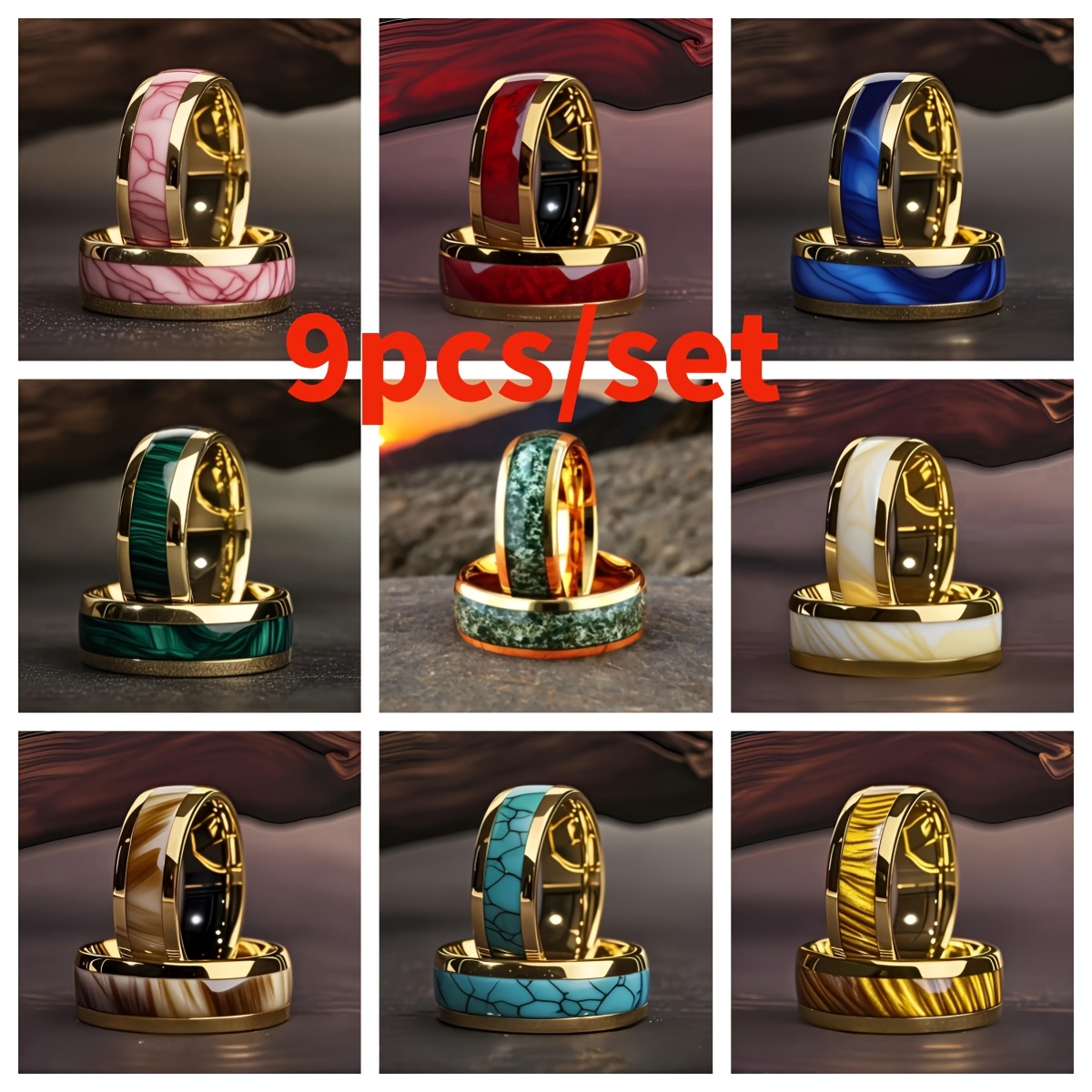 TEMU A Collection Of 9 Golden Stainless Steel Engagement Rings For Couples, Featuring 9 . Perfect For Family Outfits And Suitable For Any Event,