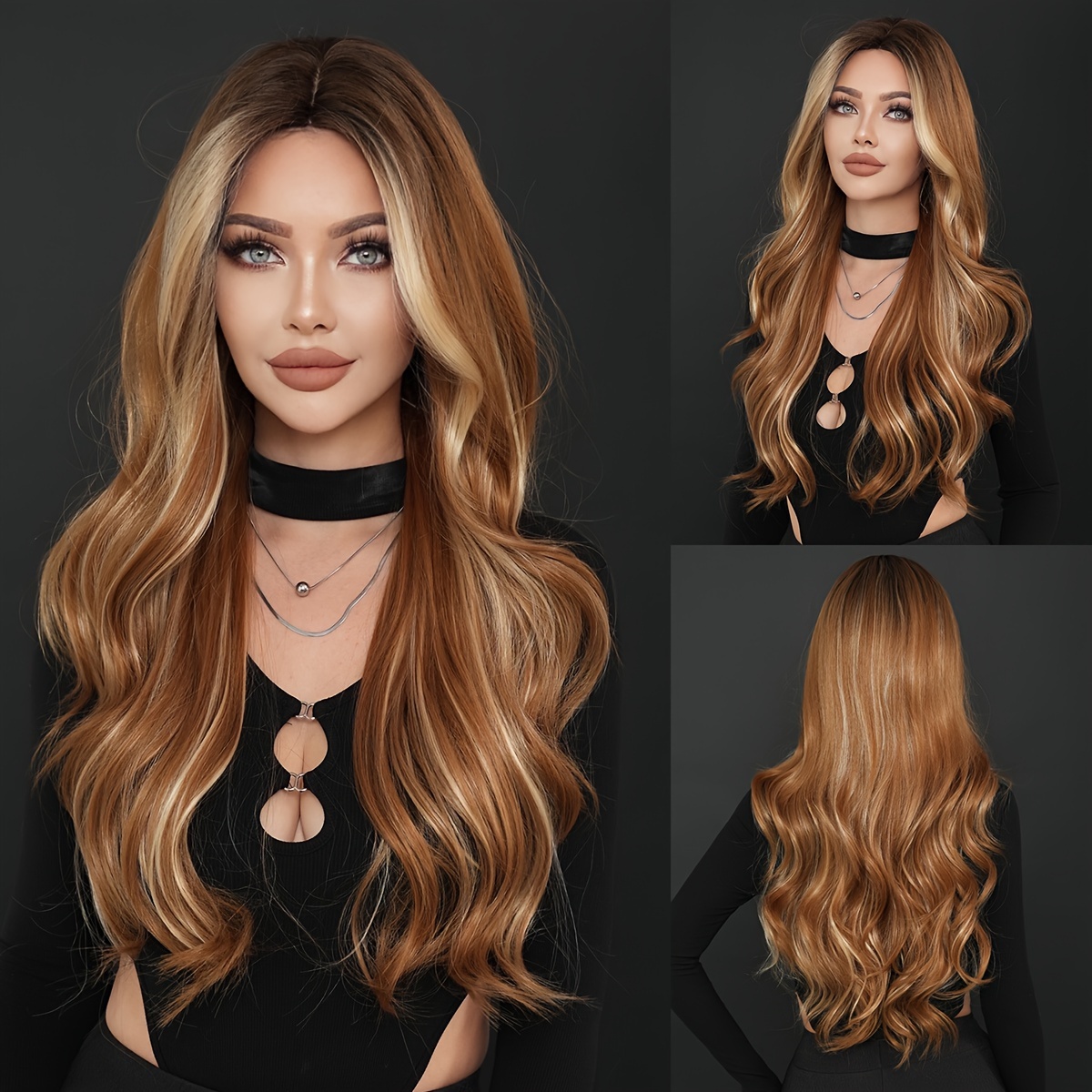 Long Loose Curly Ombre Brown Wig With Dark Middle Part High Layered Fluffy Highlight Blonde Wigs For Women Daily Party Use Heat Resistant Synthetic Fiber Wig 28.34 Inches