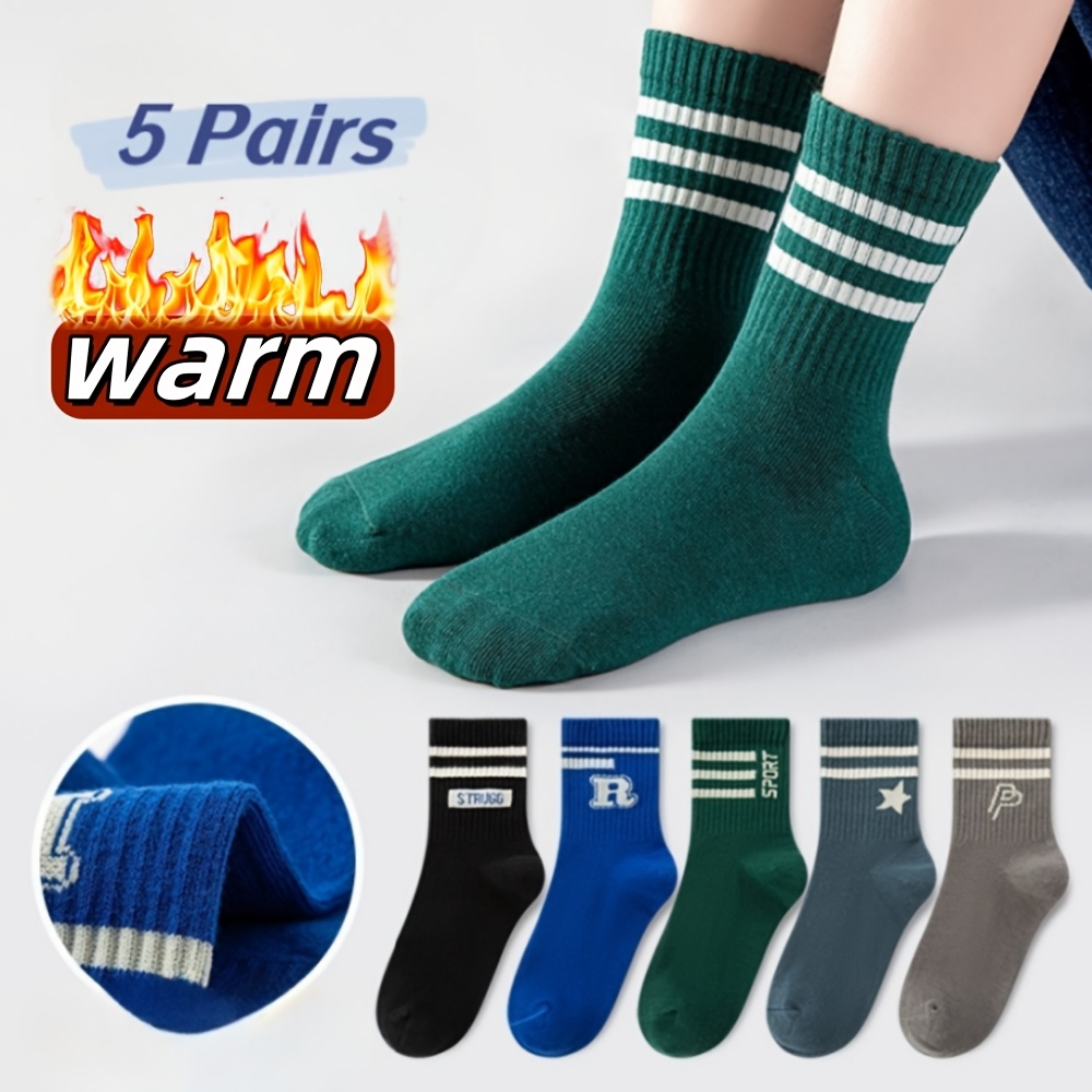 Image of 5-pair Boys' Socks Suitable For 2-14 Years | Soft Breathable Mid-calf Letter Print Solid Color Opaque | Minimalist Athletic & Casual Attire For, Sports, Teen Boys | Footwear