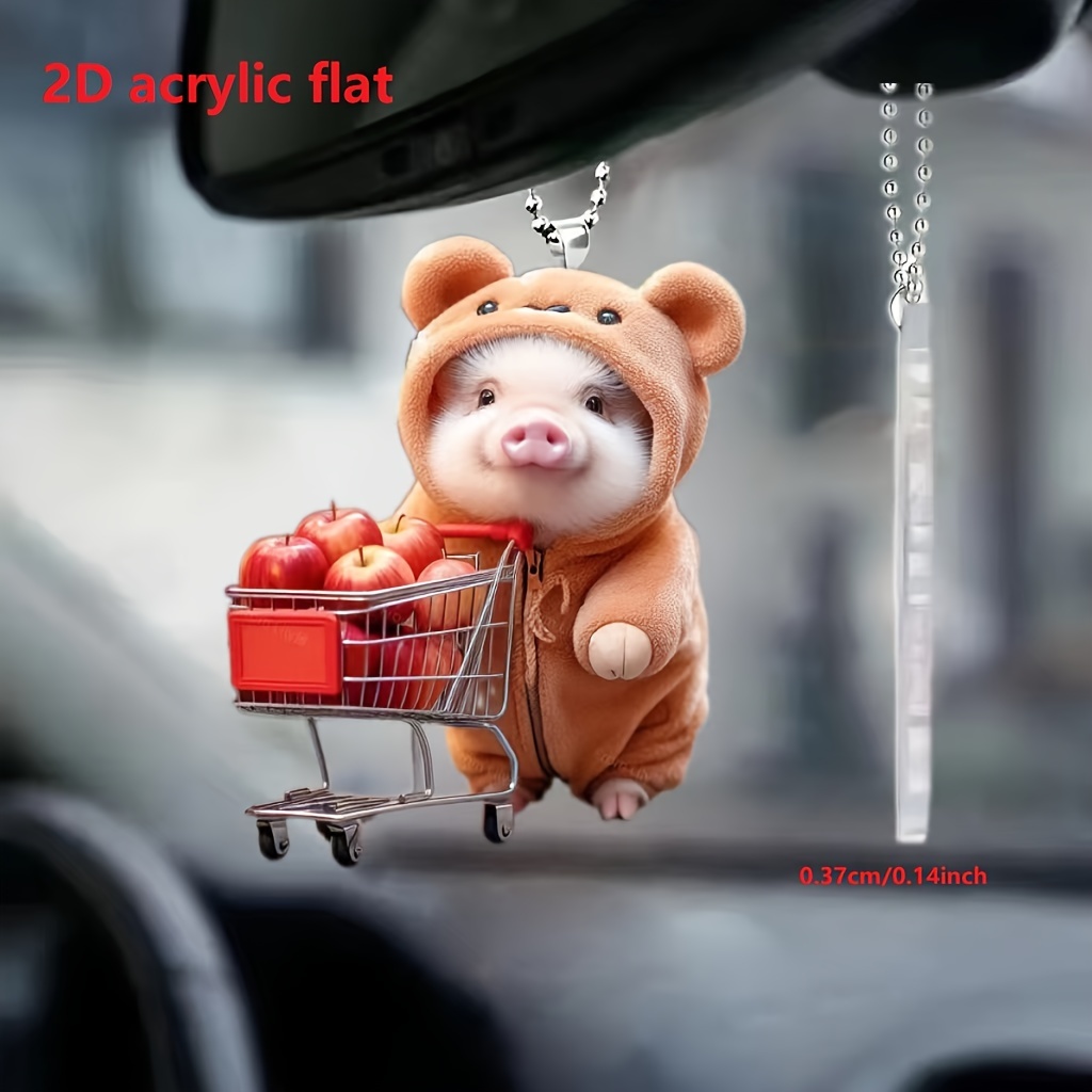 

1pc 2d Acrylic Cute Shopping Pig Car Rearview Mirror Decorative Pendant, Bag Keychain Pendant, Home Decoration Pendant