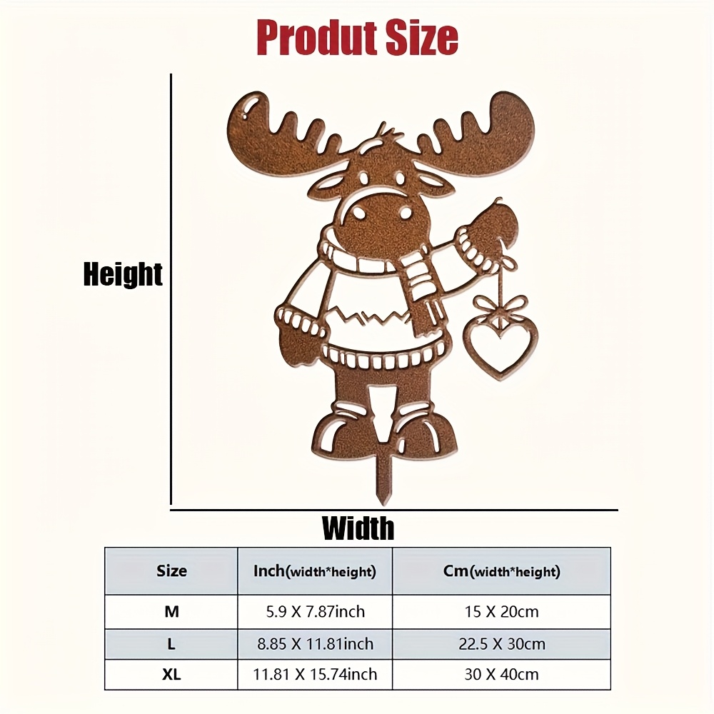 TEMU 1pc Vintage Moose Metal Garden Stake - Rustic Weathered Wrought Iron Outdoor Decor, Similar To An Elk, Holding A Heart-shaped Ornament, For