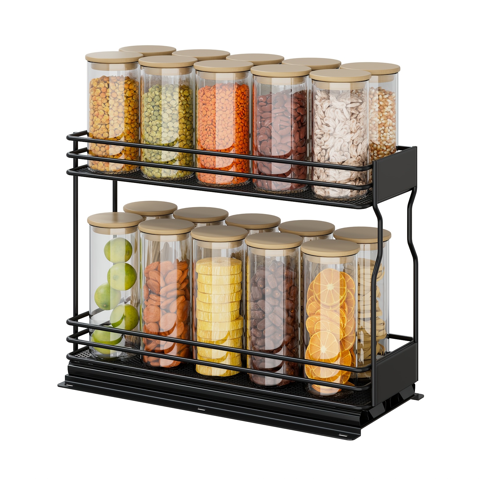 Spice Rack Organizer For Cabinet, 2-tier Pull Out Spice Organizer For Cabinet Height Adjustable Heavy Duty Metal Basket For Inside Cabinets & Pantry Closet