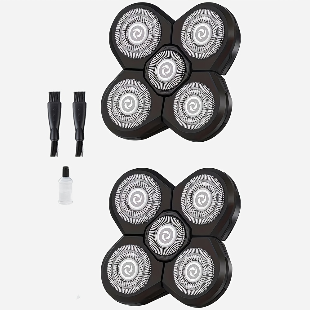 TEMU 2pcs 5 Shaver Head, 5d Rotating Shaving Net, Smooth Electric Razor Replacement Heads With 2 Brushes And 1 Oil, For Bald Men
