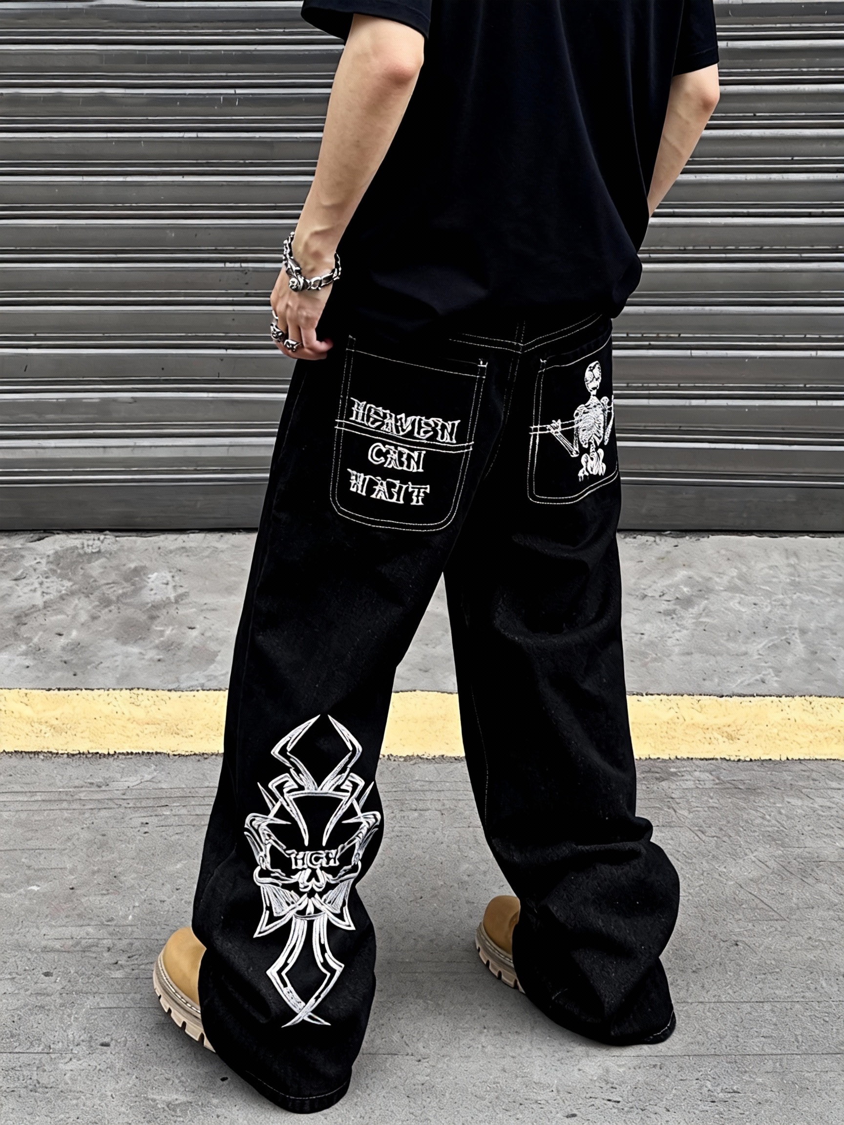 mens teen boys jeans black red skeleton print loose fit - Temu Belgium