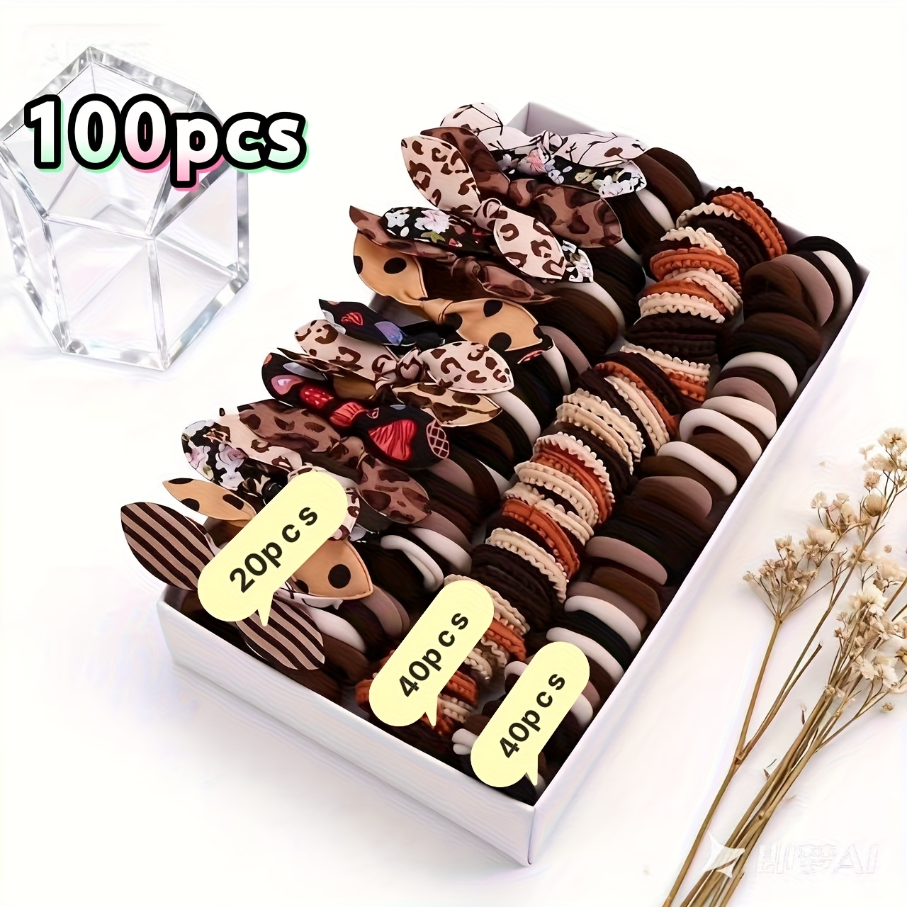 TEMU 100pcs Bohemian Style Women's Headwear Hair Tie Set, Including Rabbit Ear, Heart, Flower, Polka Dot, Stripe, Plaid, , And Solid , Mixed Color