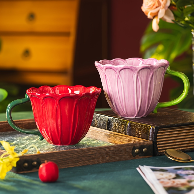 1pc elegant ceramic mug with   pink red ribbed pattern reusable hand wash only   coffee tea or breakfast family use coffee bar accessories Product details 1