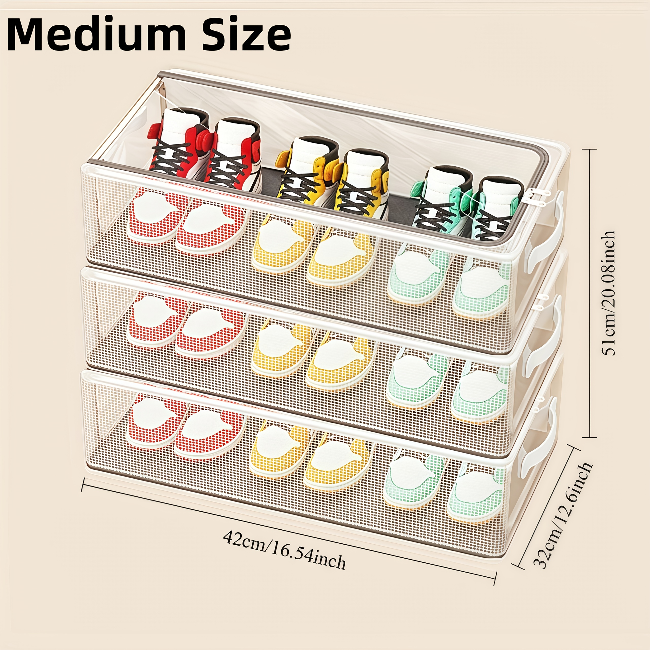 TEMU 3 Pack Foldable Pvc Shoe Storage Boxes, Medium & Large 2 Sizes, Thickened Waterproof Stackable Organizer, Space-saving Design, Multifunctional
