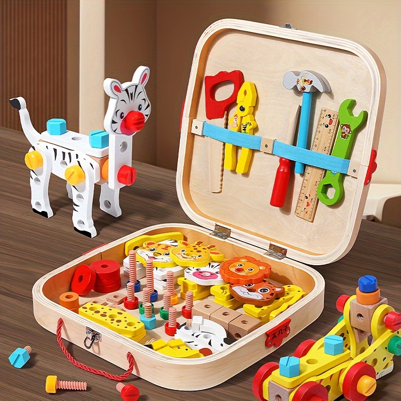 kids wooden animal pattern toolbox toys with hand rope cute cartoon educational toys for boys girls childrens building block assembly toy birthday gifts