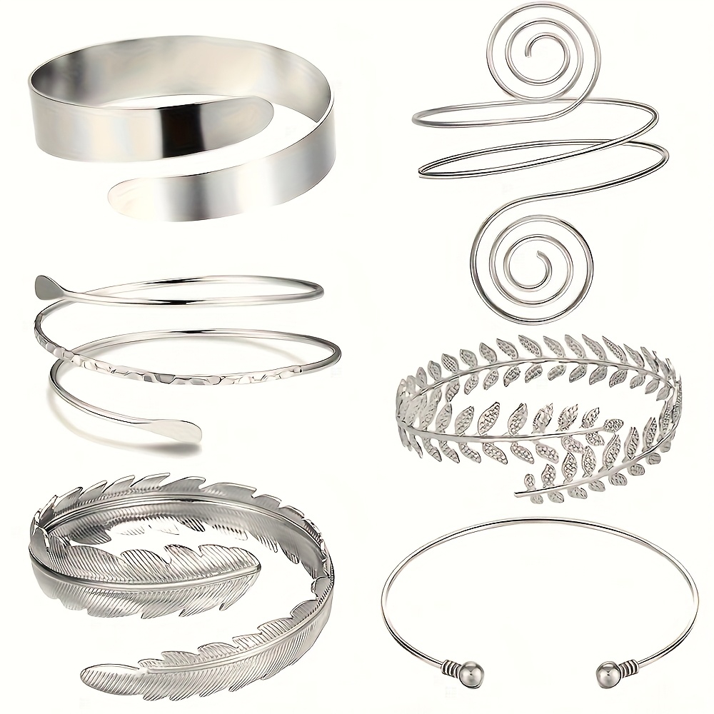 Image of Set Of 6 Pieces Of Women's Jewelry Set, Geometric Golden Punk Arm Cuffs With Exaggerated Personality, Leaf Bangles Set