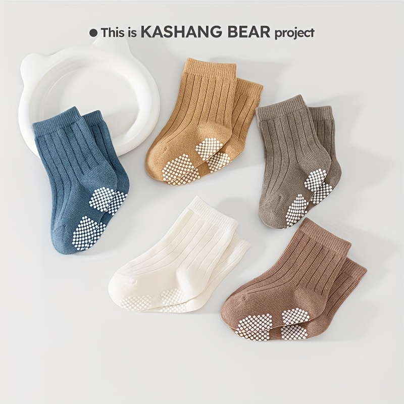 Image of 5/3prs Baby Floor Socks Solid Color Easy Full Sole Anti-slip Baby Crawling Socks 0- Boy And Girl Playground Indoor Crawling Floor Tile Anti-slip Glue Point Early Education Socks