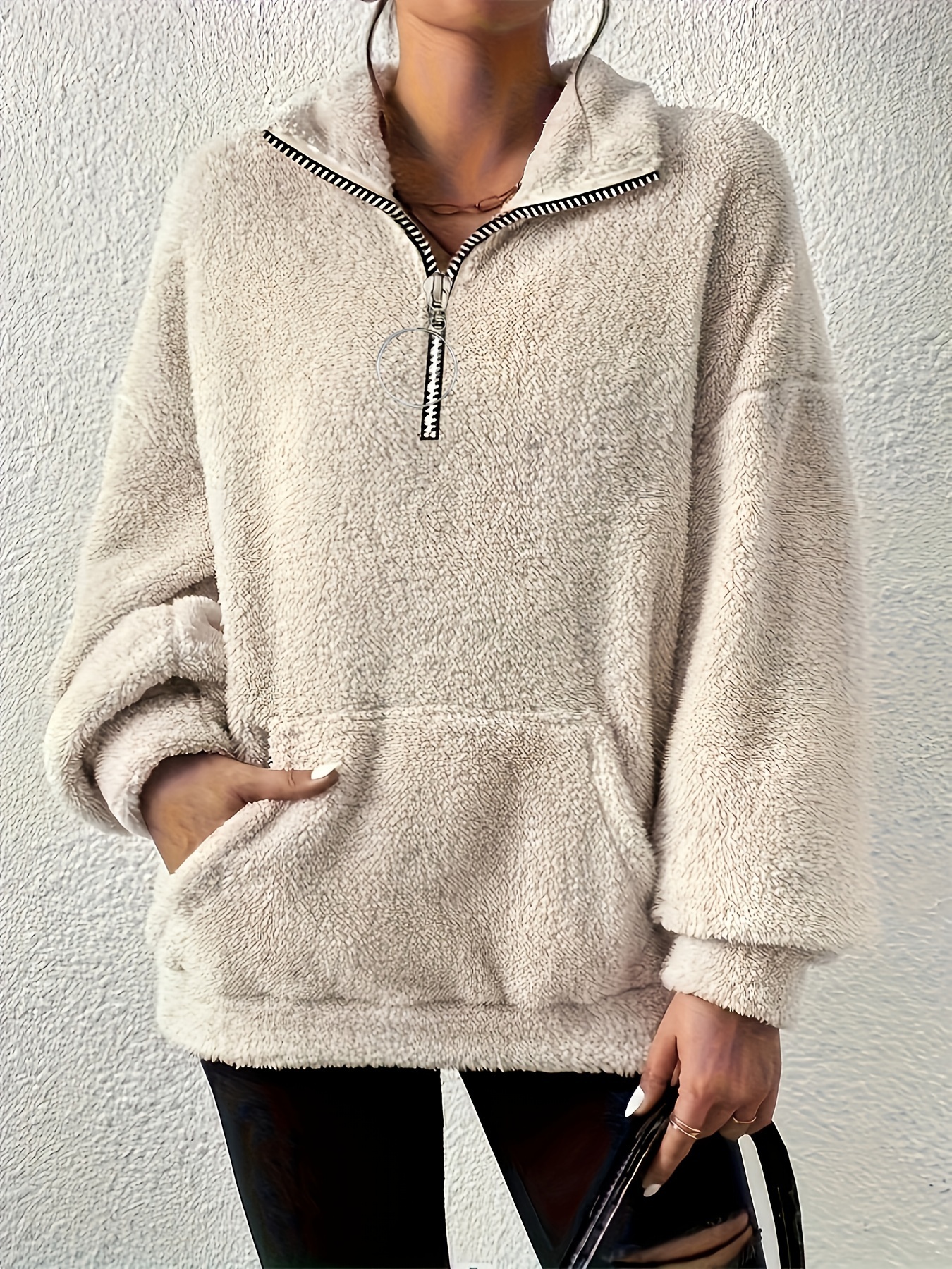 Women's Teddy Fleece Half Zip Kangaroo Pocket Sweater