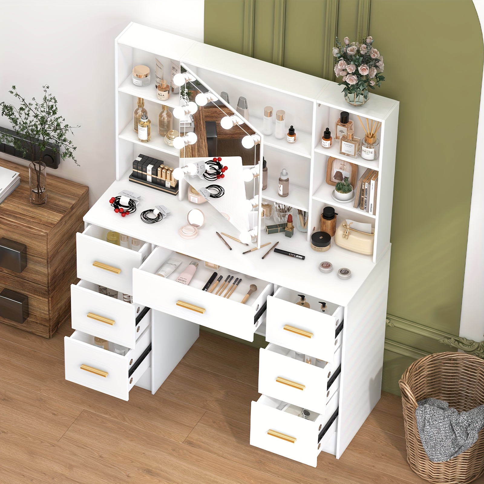 modern white solid wood dresser with drawers illuminated vanity     adjustable lighting   large capacity storage functional fashion dresser for ladies   for birthday gifts   local warehous Product details 1