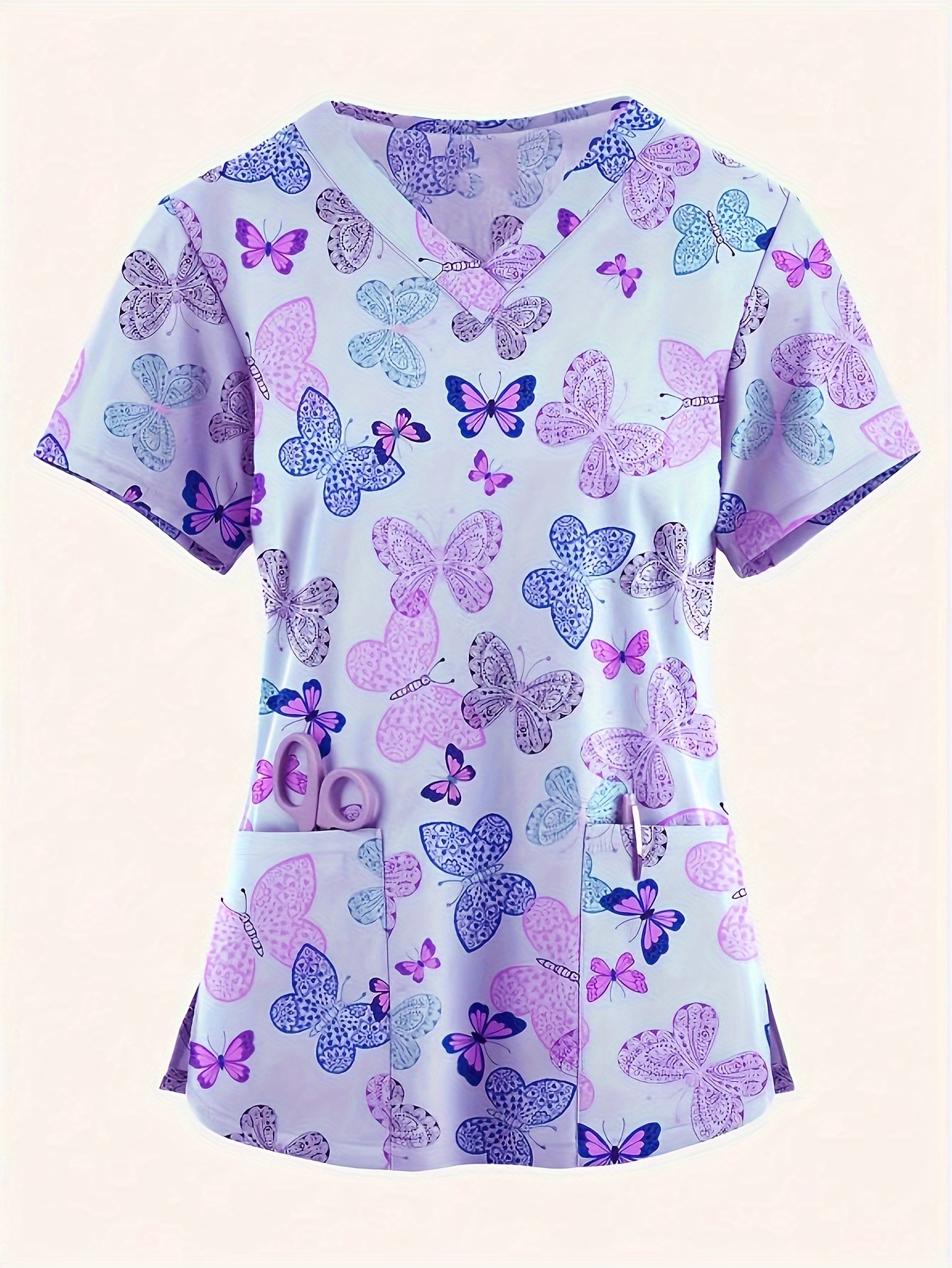 Kadınlar için Karikatür Hayvan Baskılı V-Yaka Scrub Üstü Cepli - Nefes Alabilen Polyester ve Elastan Karışımı, Makinede Yıkanabilir - Hemşireler ve Sağlık Profesyonelleri için Mükemmel