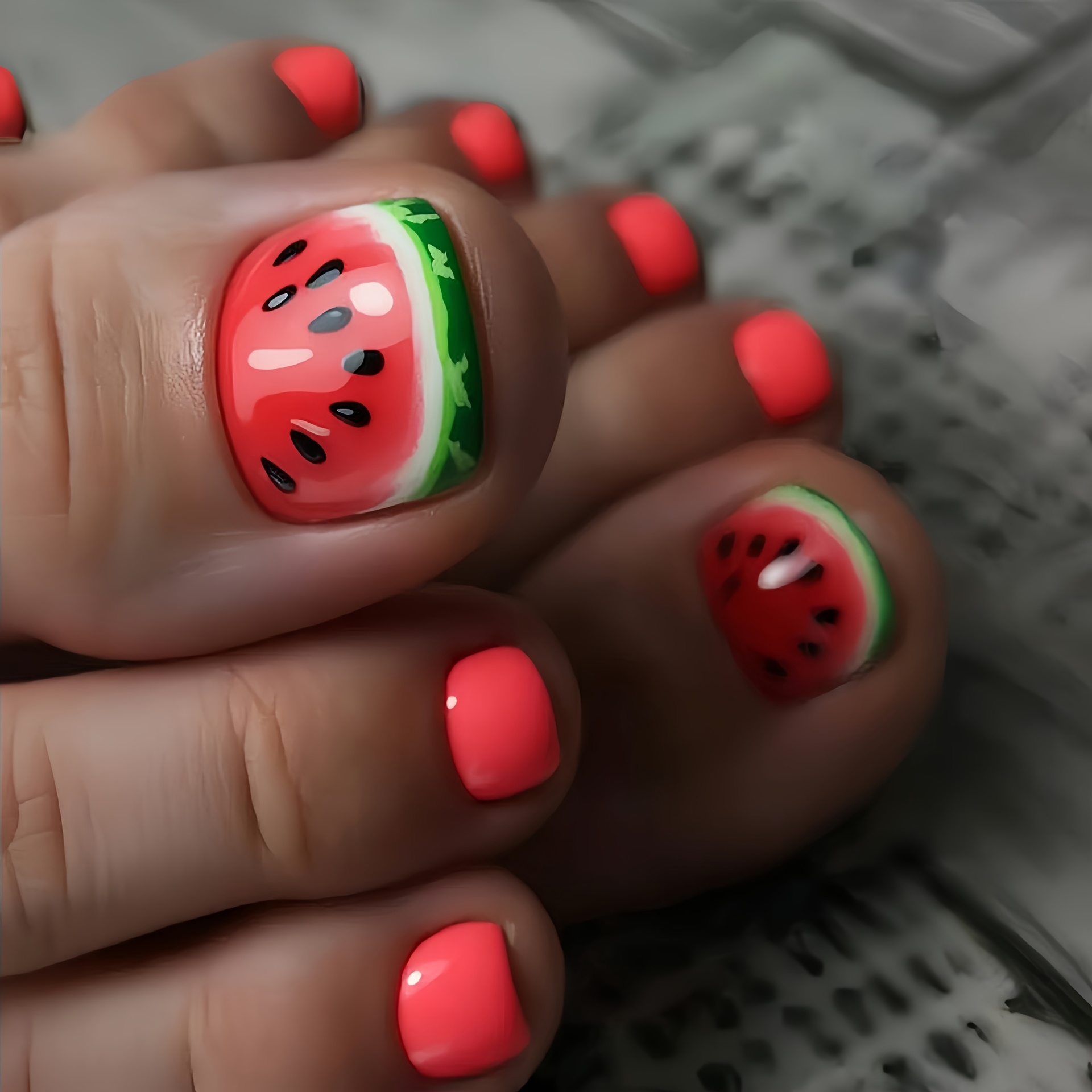 Image of New Summer Red Watermelon Pattern Green Watermelon French Edge Fashionable Toenail Stickers, Summer White-enhancing Fashionable Watermelon Toenails, Removable And Reusable
