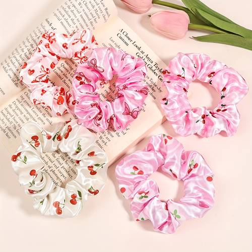 5pcs satin bow cherry large hair ties elastic versatile styling hair accessories