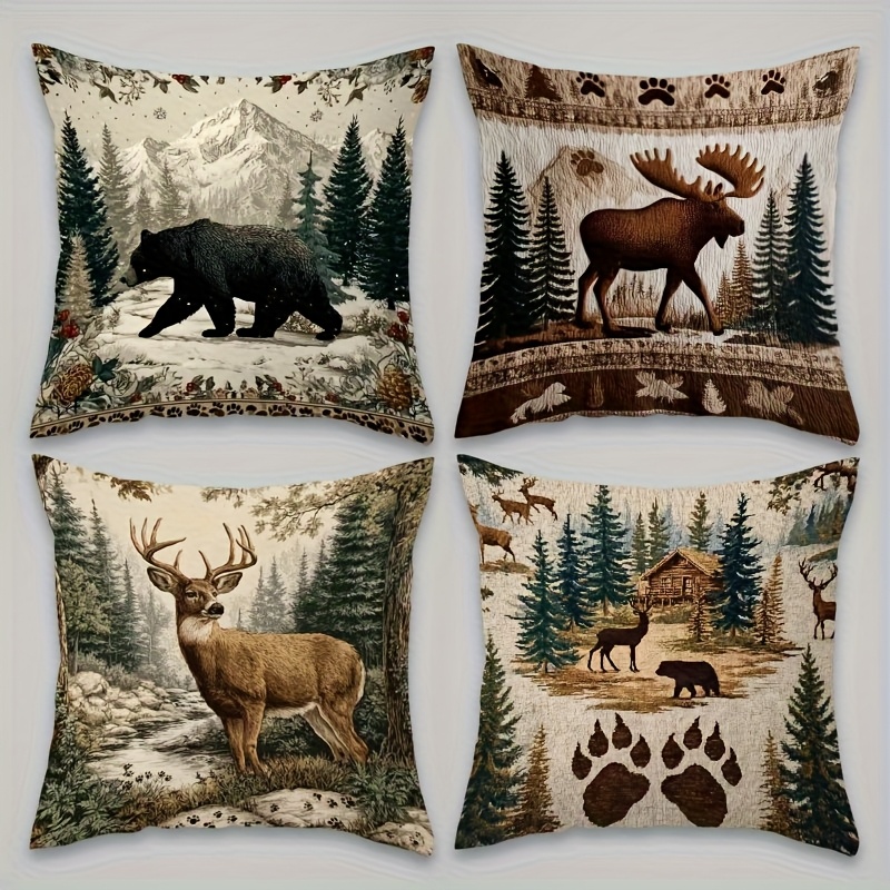 TEMU 4pcs Forest Pillow Cover, Featuring Of Black Bear, Moose, And Deer Natural Scenes (excluding Pillow Core), Suitable For Sofa Pillows, , And Home