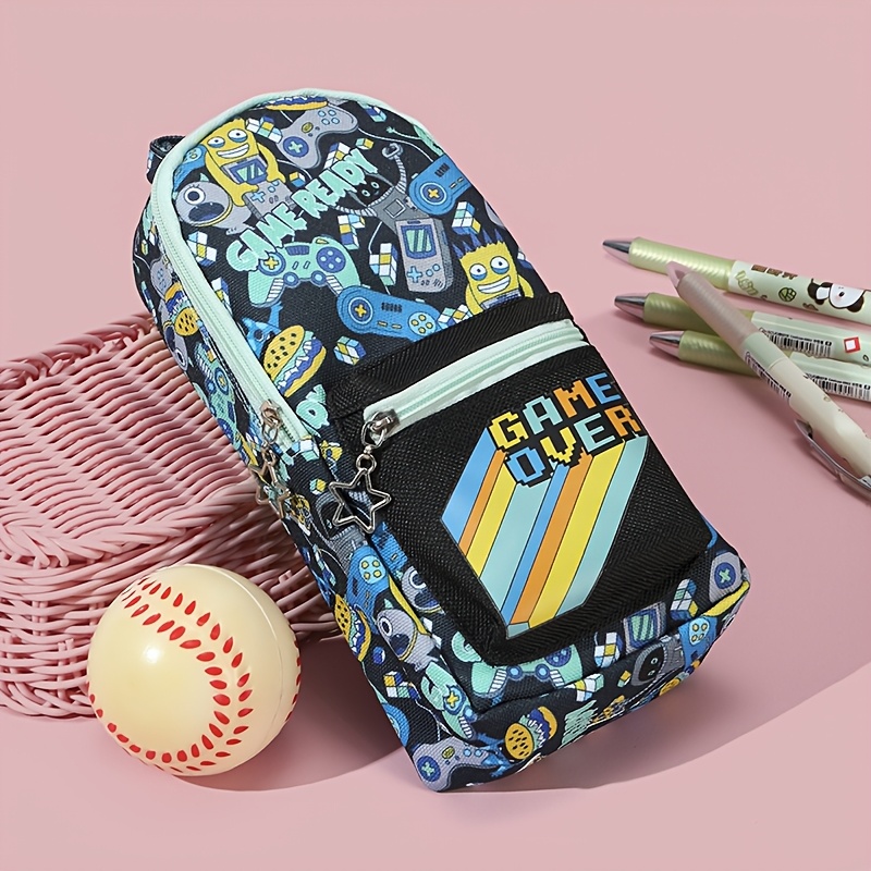 TEMU Trousse à crayons 1 console de jeu avec imprimé Kitten Ninja, sac de rangement de papeterie à double couche de capacité modérée pour fournitures