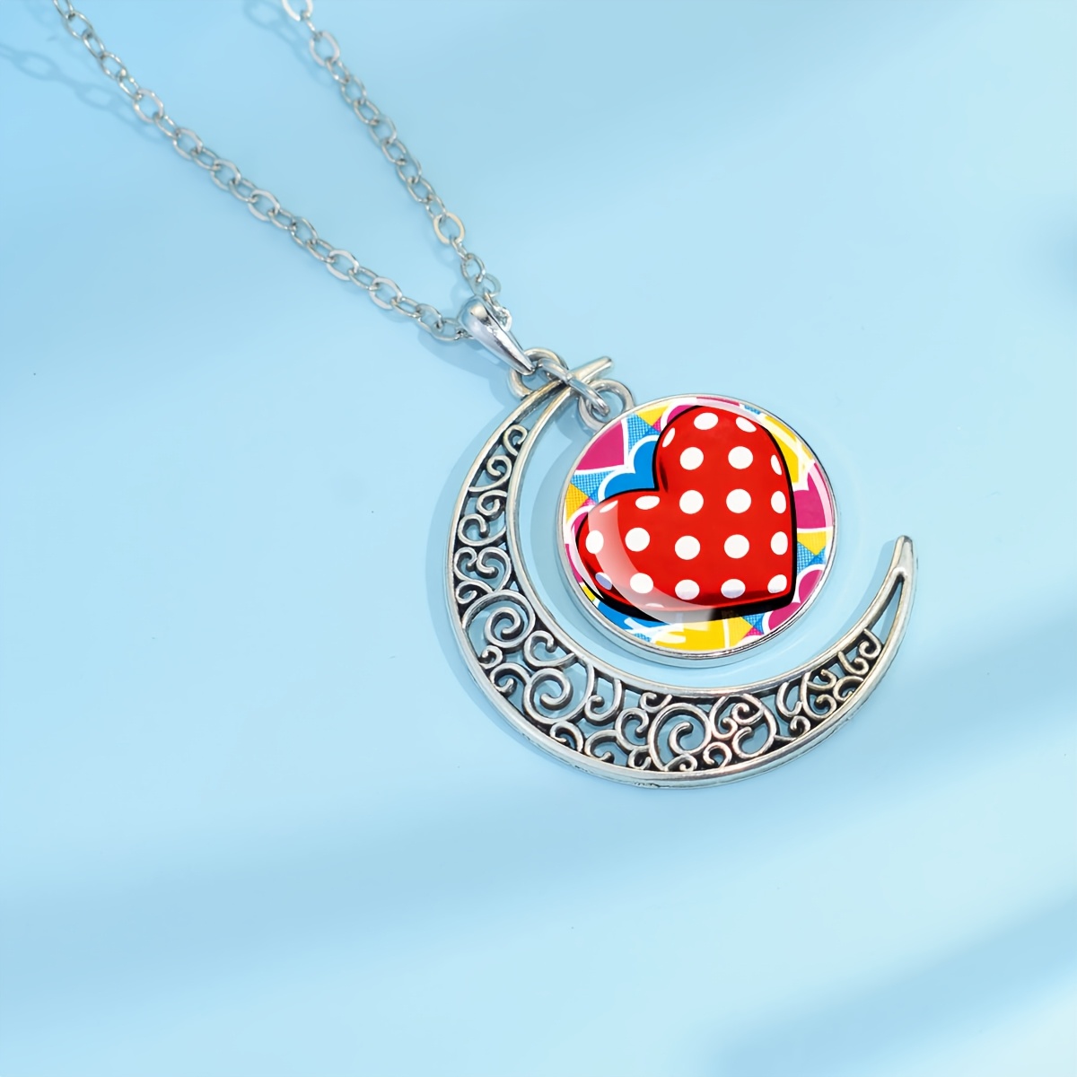Crescent Moon Necklace with Heart Pattern Pendant