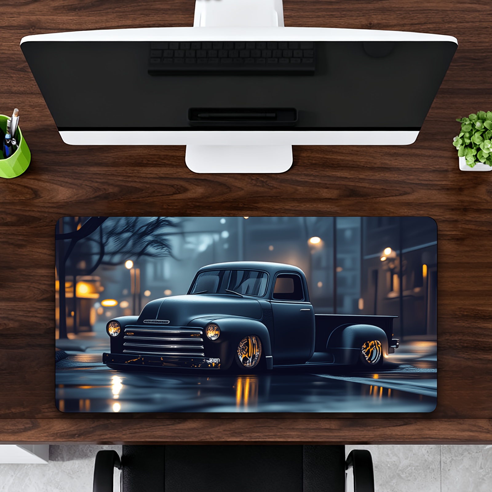 TEMU Xl Vintage Car Desk Pad & Gaming Mat - Extended Non-slip Mouse Board Suitable For Pc, Truck-themed Office Desk, Computer Mat For Gamers,