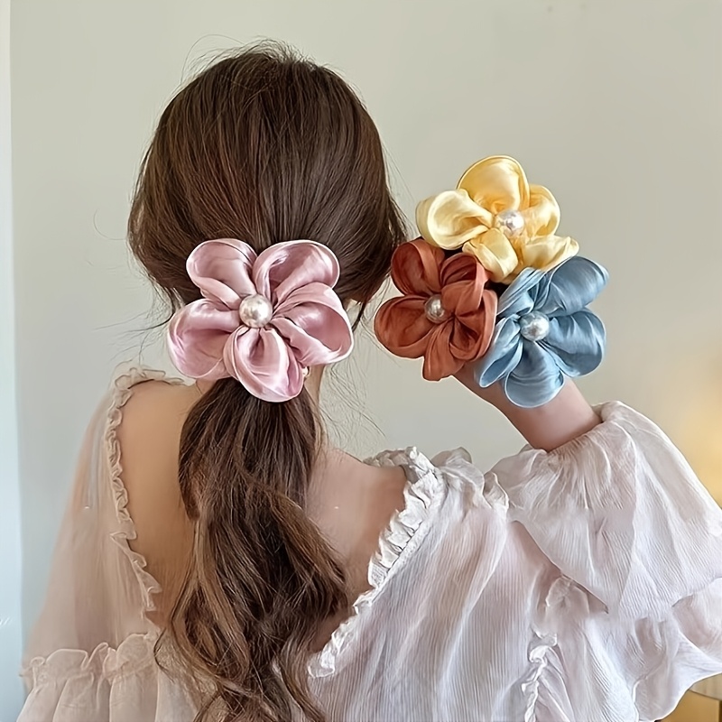 TEMU 4pcs Set: Spring/summer Women's Sweet And Elegant Mesh Flower Scrunchie Set, Forest-style Fairy Hair Ties For, Flower Hair Bands, Elastic Hair