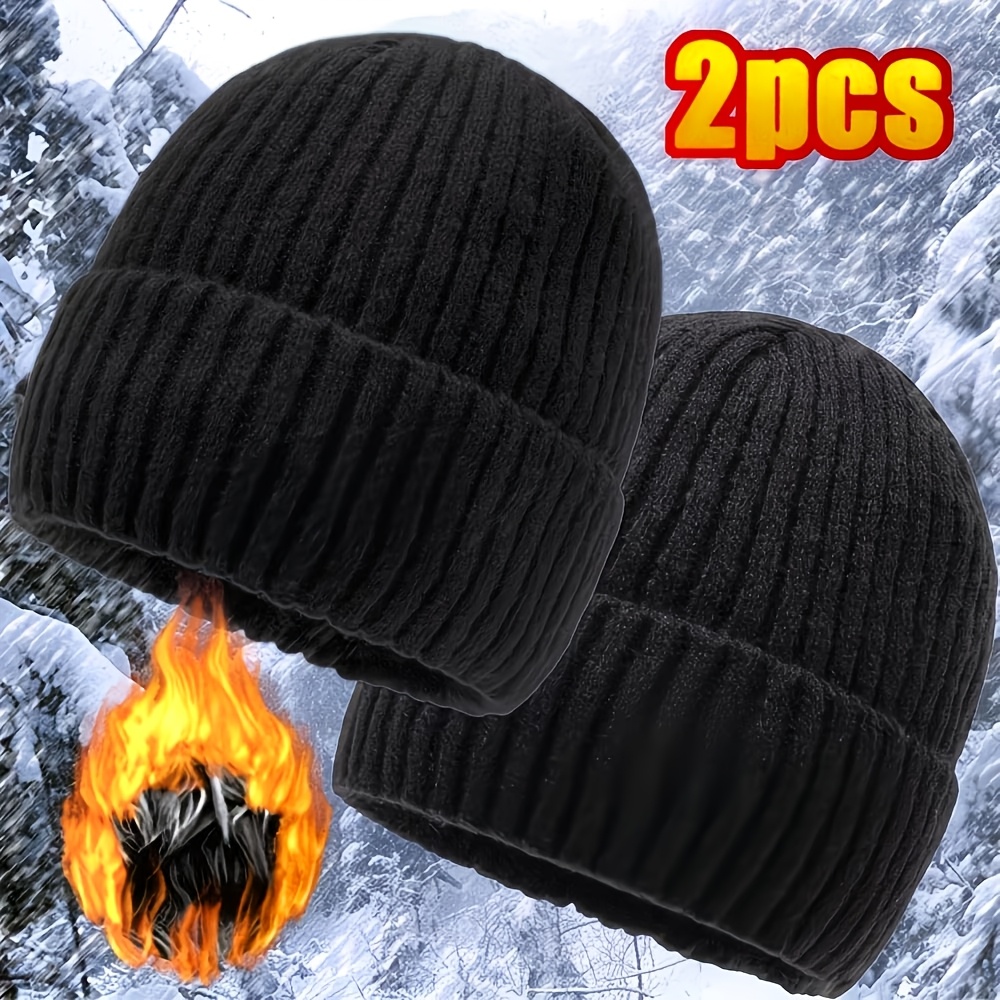 TEMU 2pcs Unisex Winter -lined Thick Knitted Hat, Outdoor Cycling Cold-proof Large Head Knitted Hat, Ski Hat, Beanie Christmas Gift